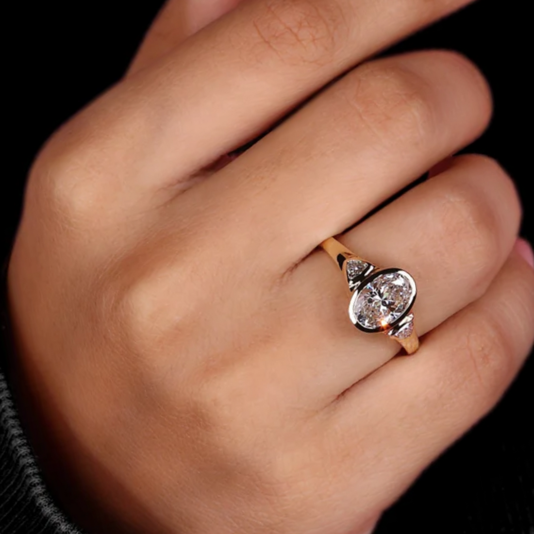 2 carat Oval Three Stone Diamond Engagement Ring for Women, Bezel Set Diamonds