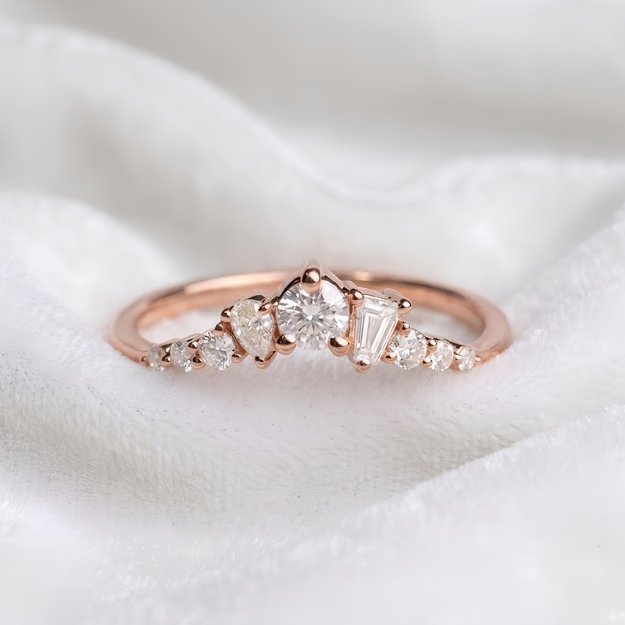 14K Gold Multi Shaped Lab Diamond Curved Wedding Band