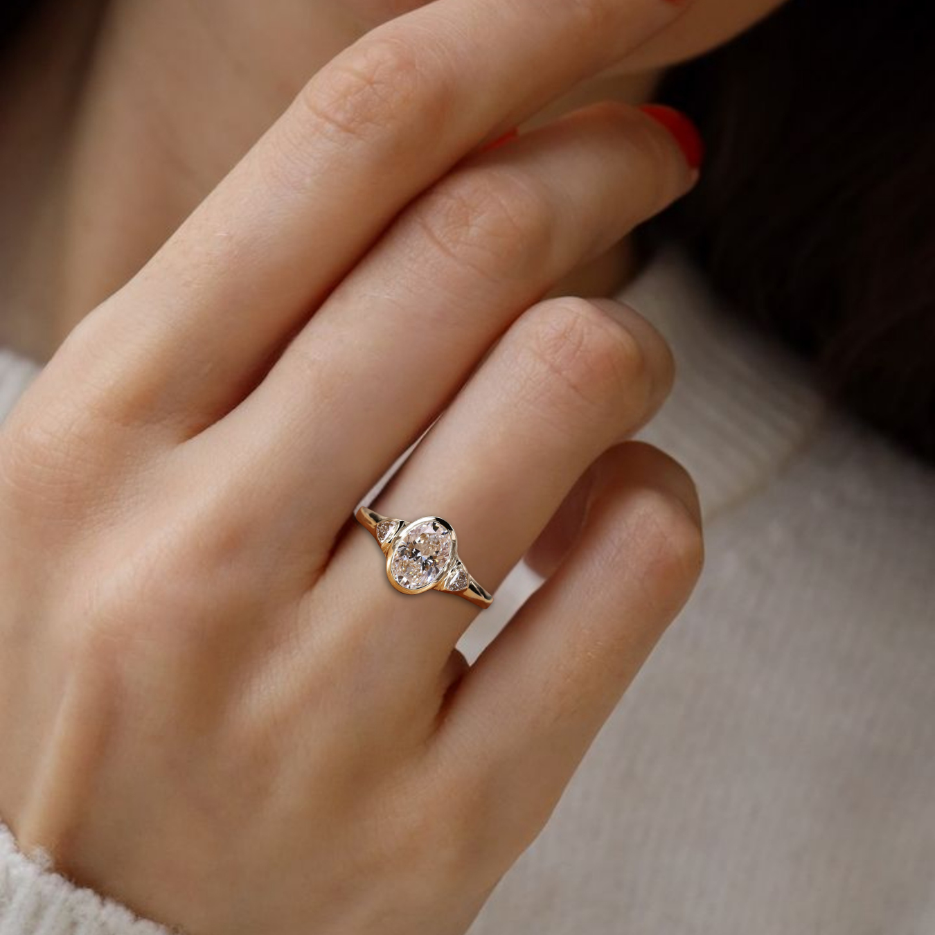 14K Gold 2 carat Oval Three Stone Diamond Engagement Ring