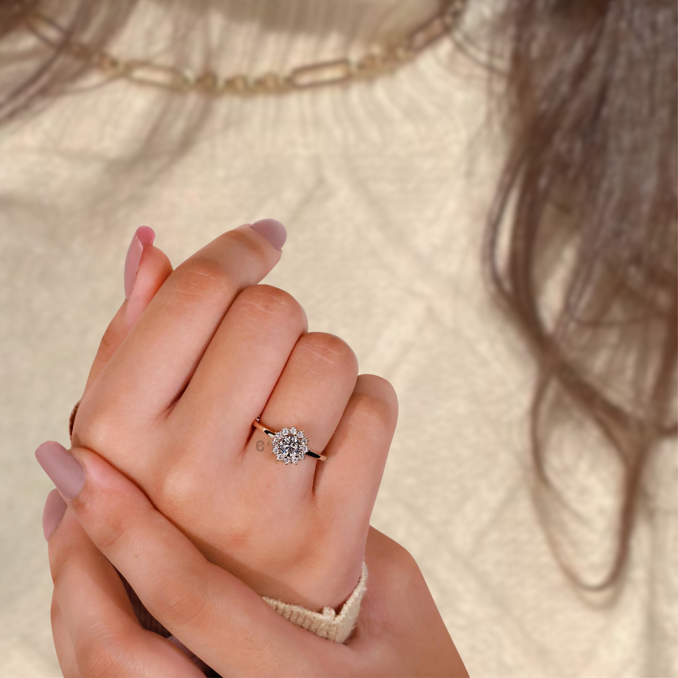 14K Gold Sunburst Halo Round Cut Lab Grown Diamond Solid Yellow Gold Unique Ring