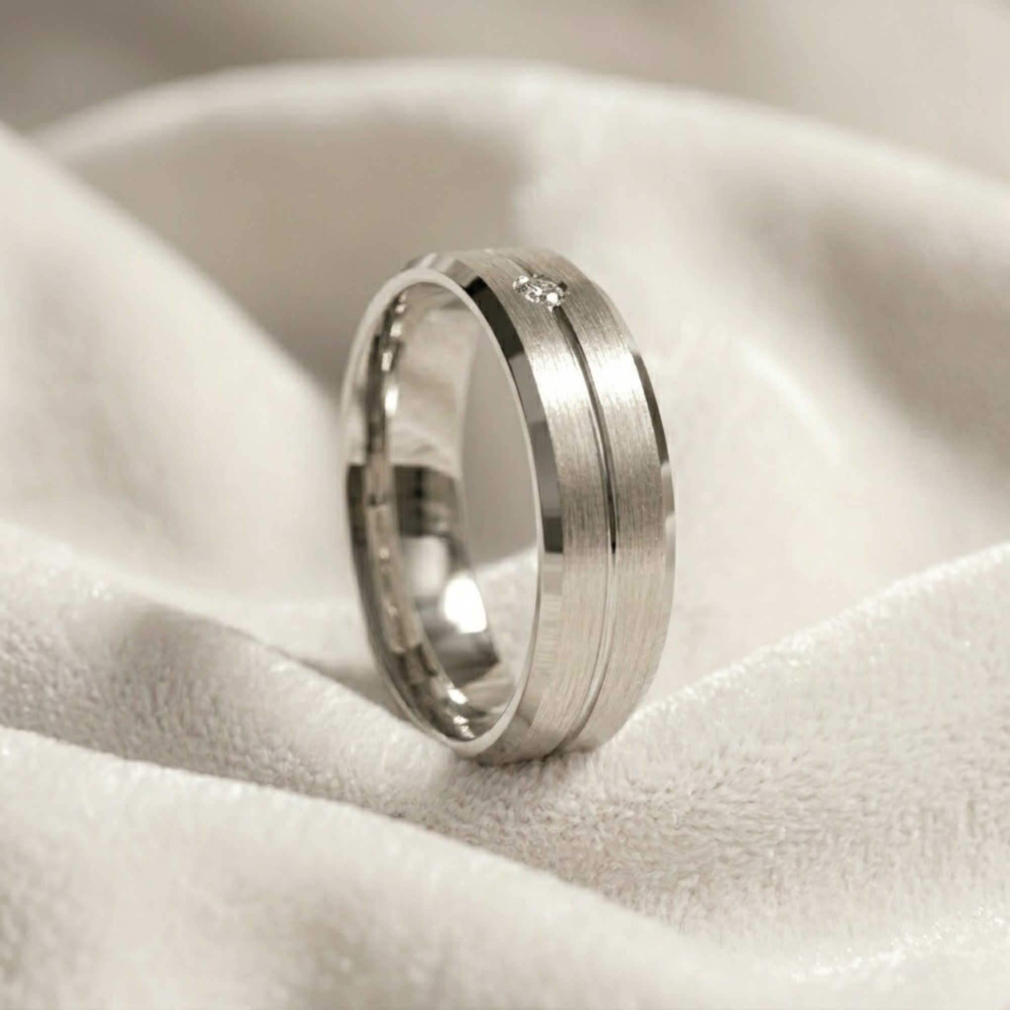 14K Flush Set Men's Diamond Wedding Band with Beveled Edges