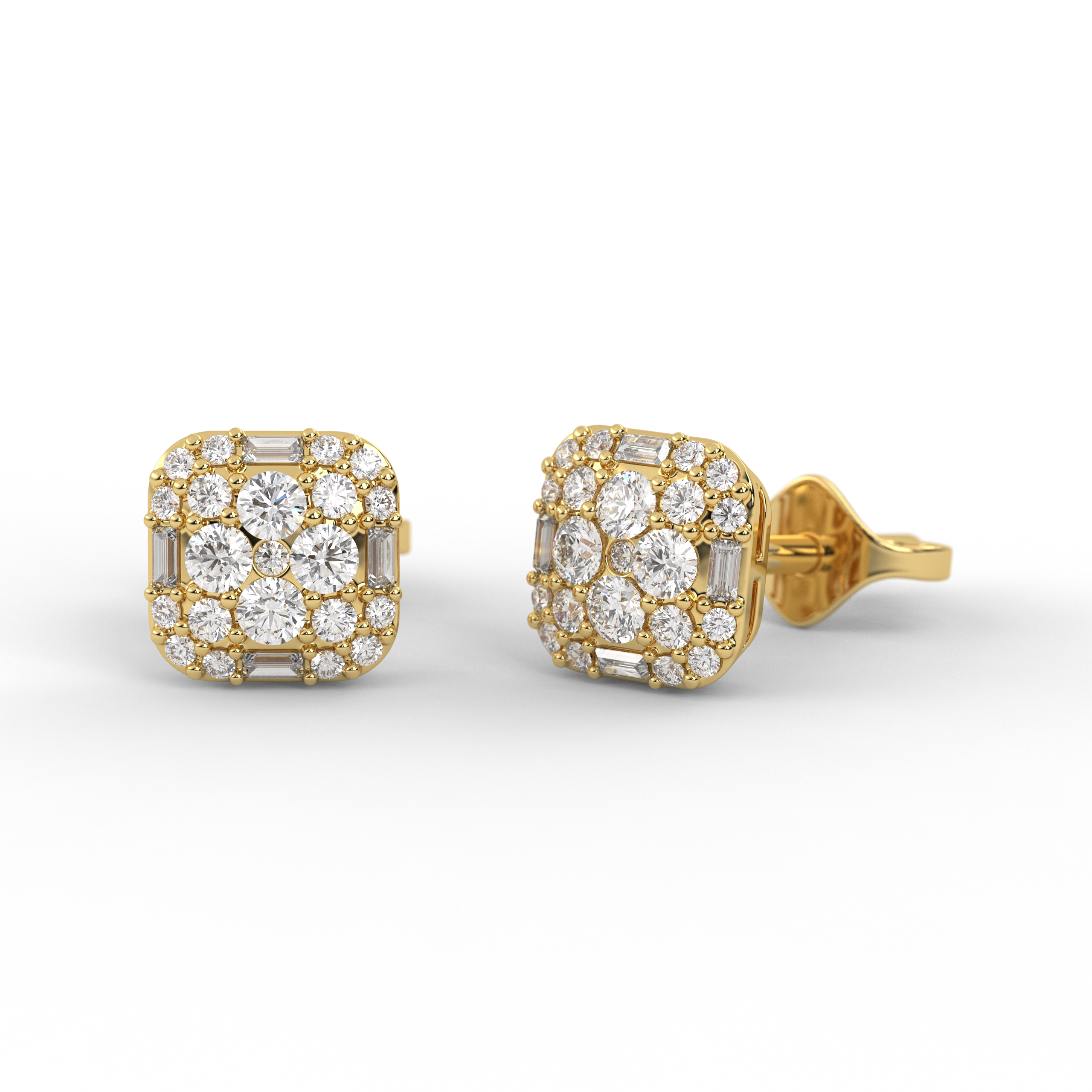Baguette & Round Cut Lab Grown Diamond 14K Gold Stud Earrings