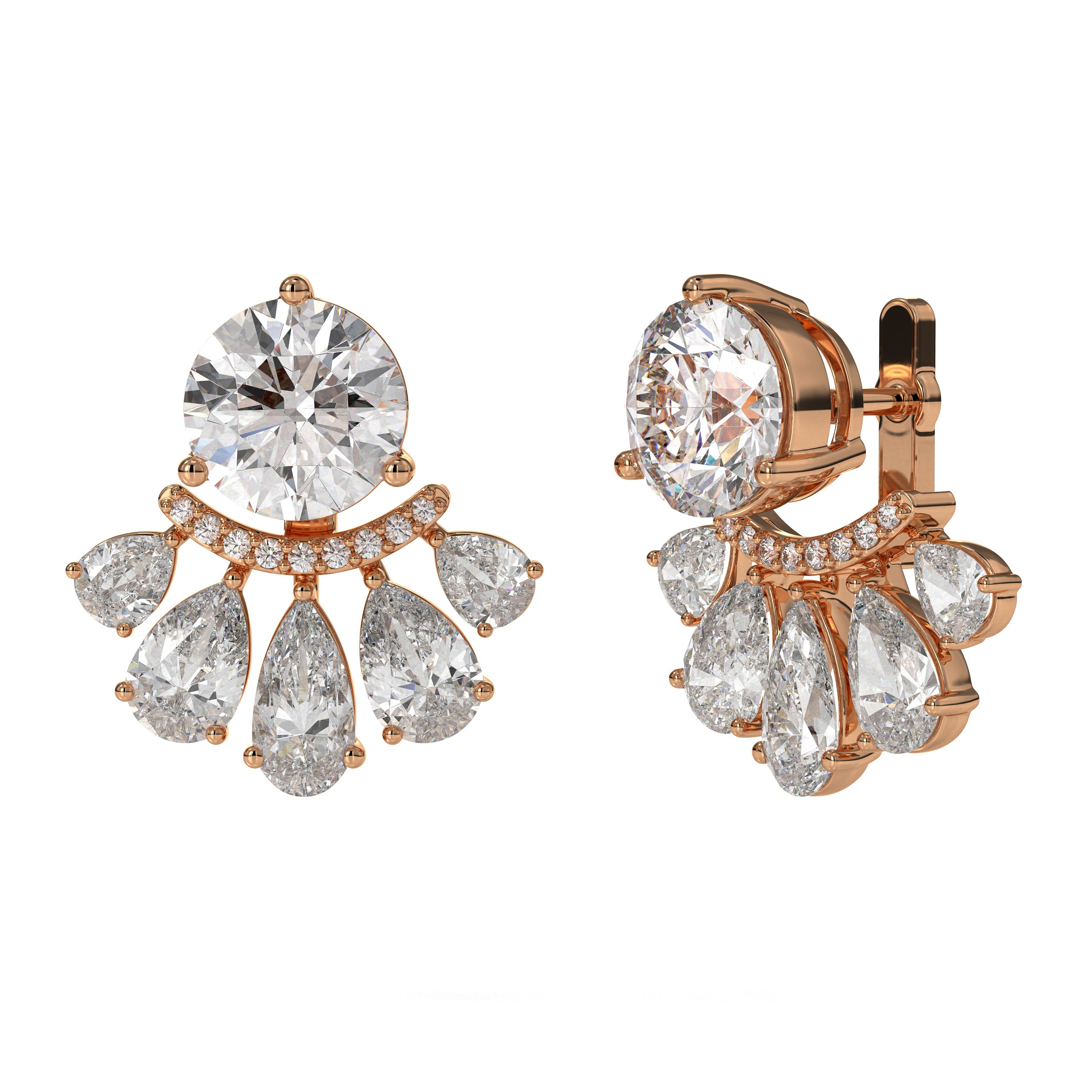 Pear, Round and Marquise Cut 14K Gold Diamond Cluster Stud Earrings