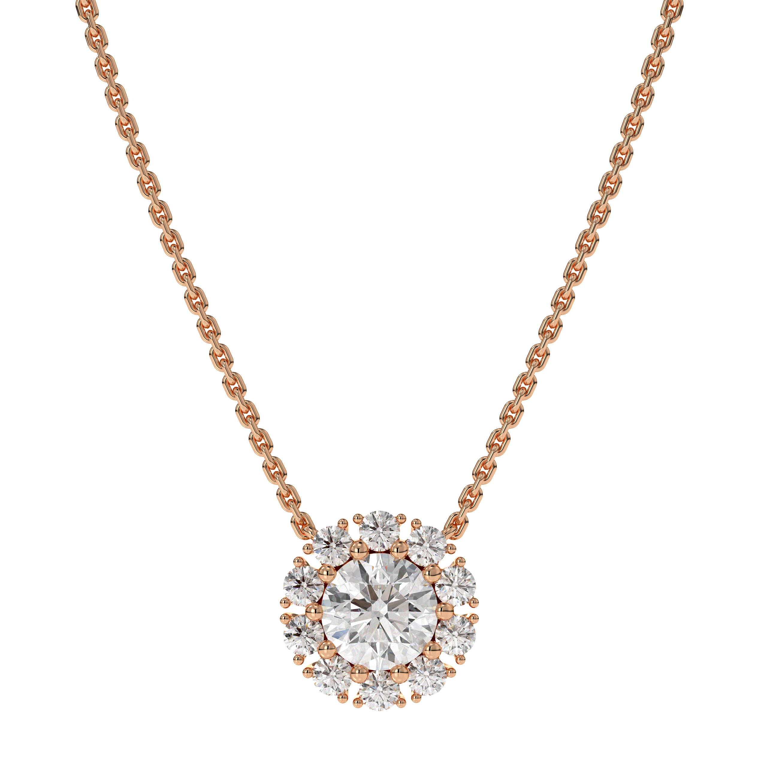 14K Diamond Halo Pendant Necklace, 14k Solid Gold Lab Grown Diamond Necklace, Petite Round Diamond, Fine Jewelry, White, Rose, Yellow Gold
