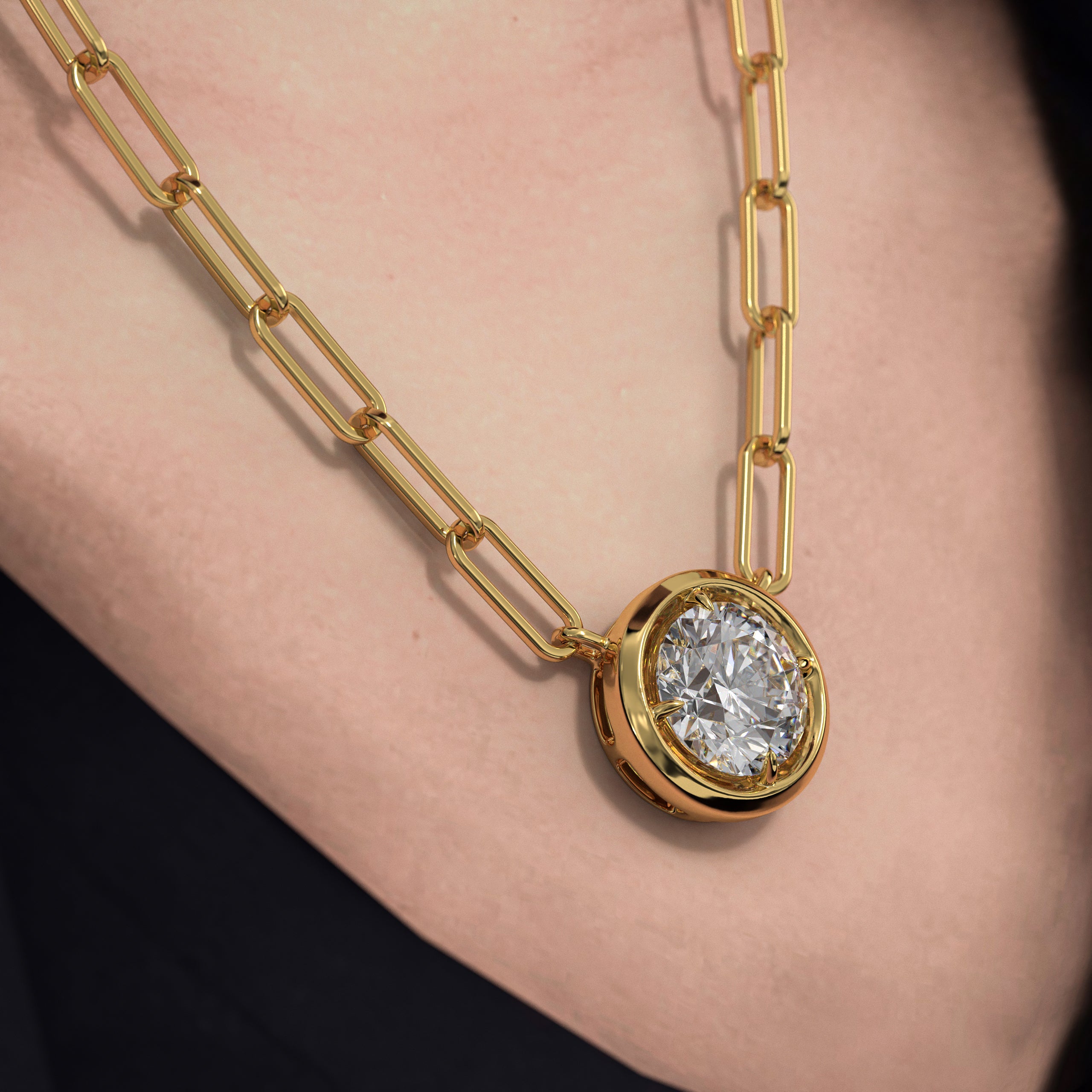 Single diamond Bezel PaperClip Chain Necklace, Diamond Bezel Necklace,14K Paperclip Necklace