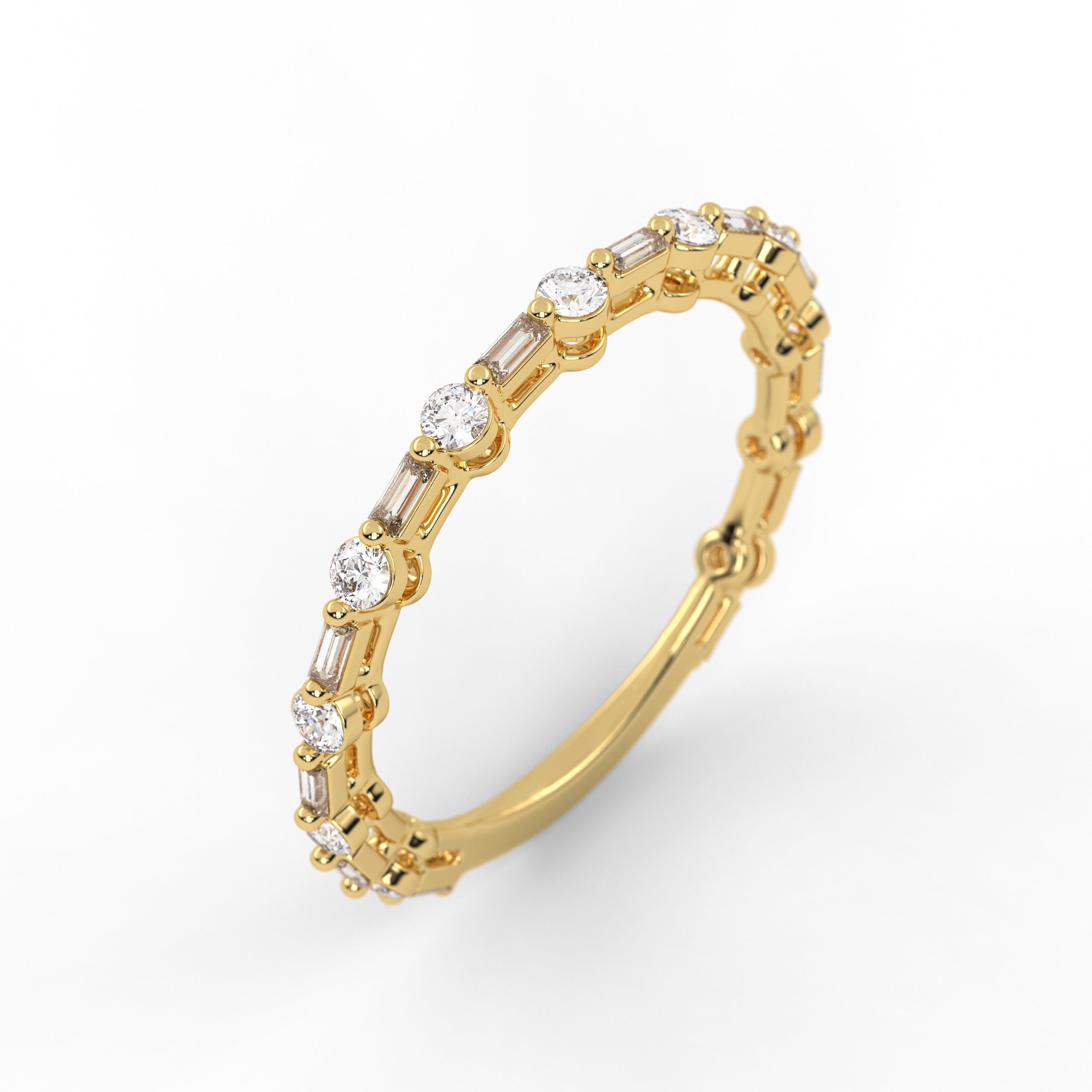 14K Solid Gold Baguette and Round Lab Grown Diamond Wedding Band