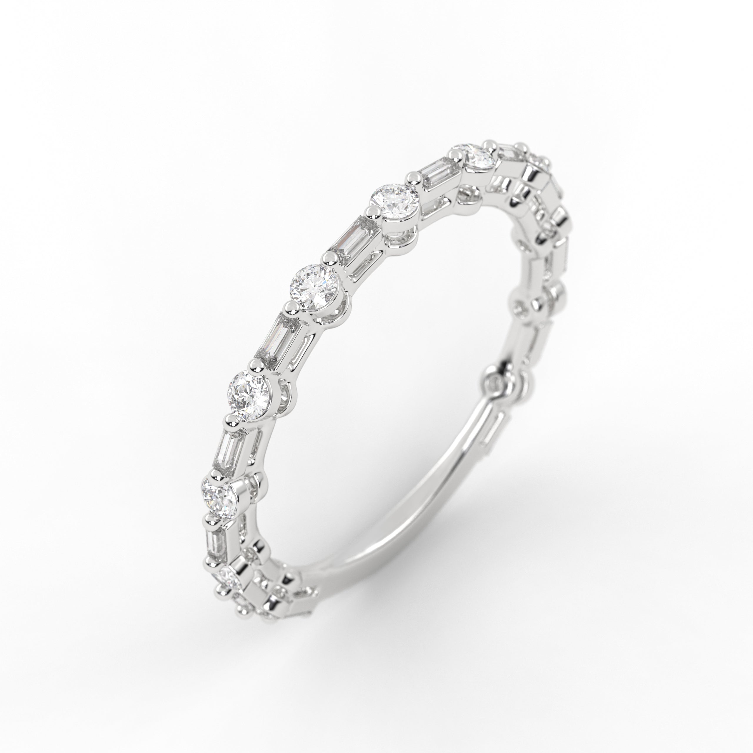 14K Solid Gold Baguette and Round Lab Grown Diamond Wedding Band