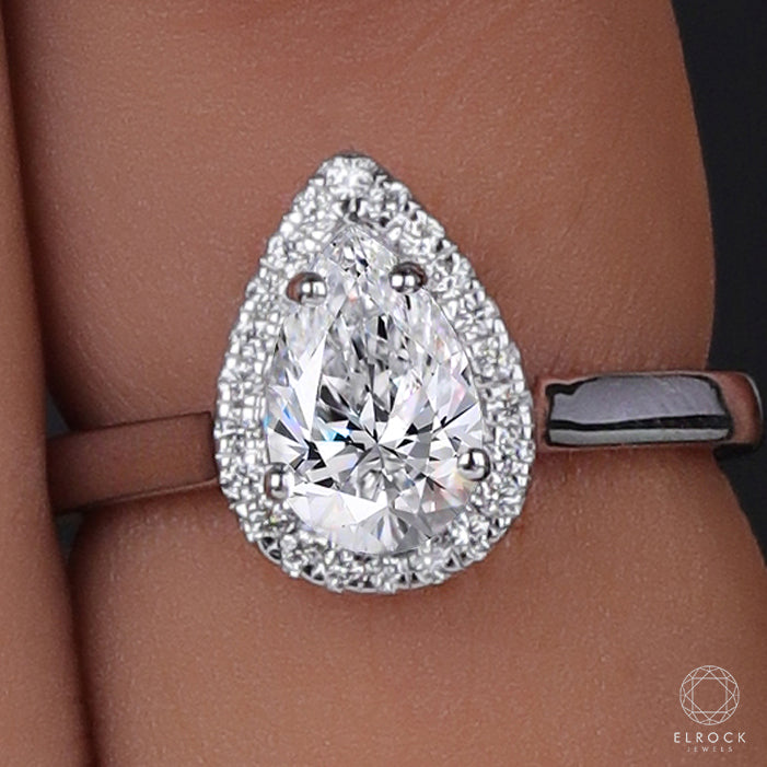 Pear Shaped Lab Grown Diamond Engagement Ring, IGI Certified Diamond Halo Graduated