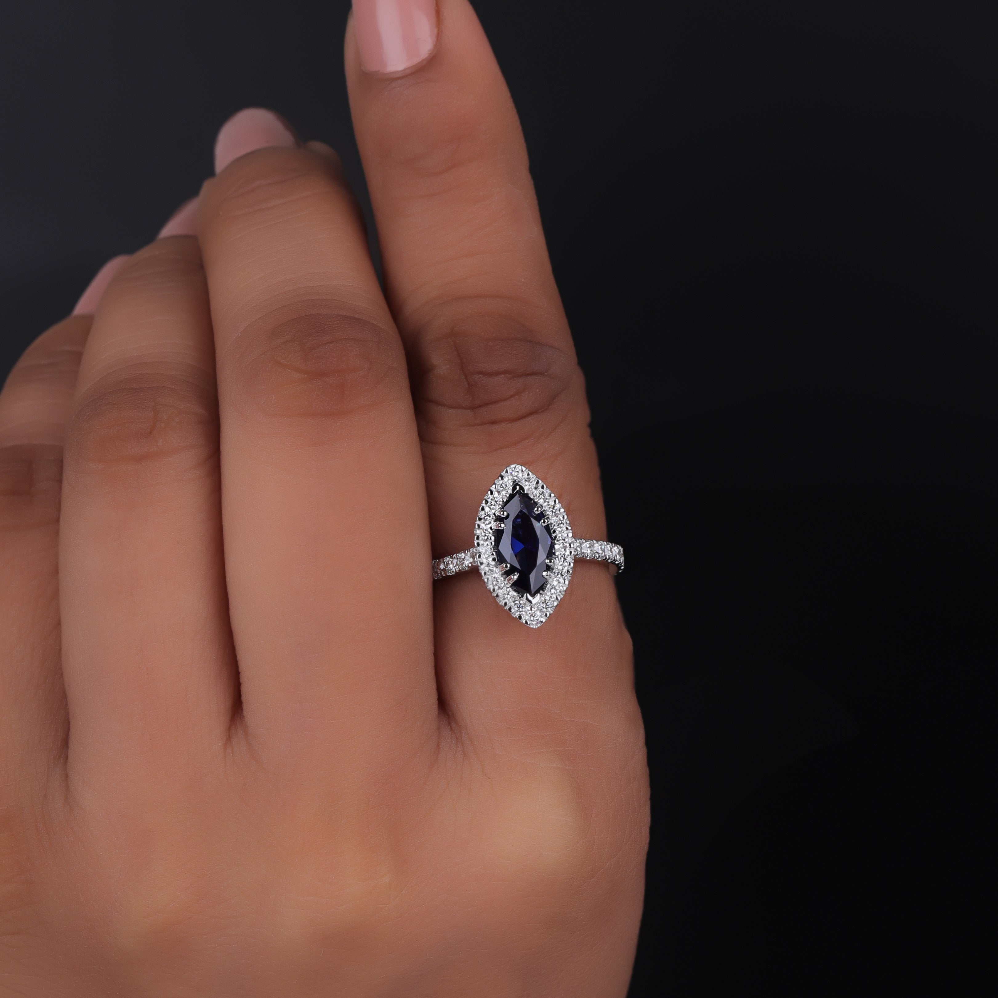 14K White Gold Halo Marquise Blue Sapphire Engagement Promise Statement Ring.
