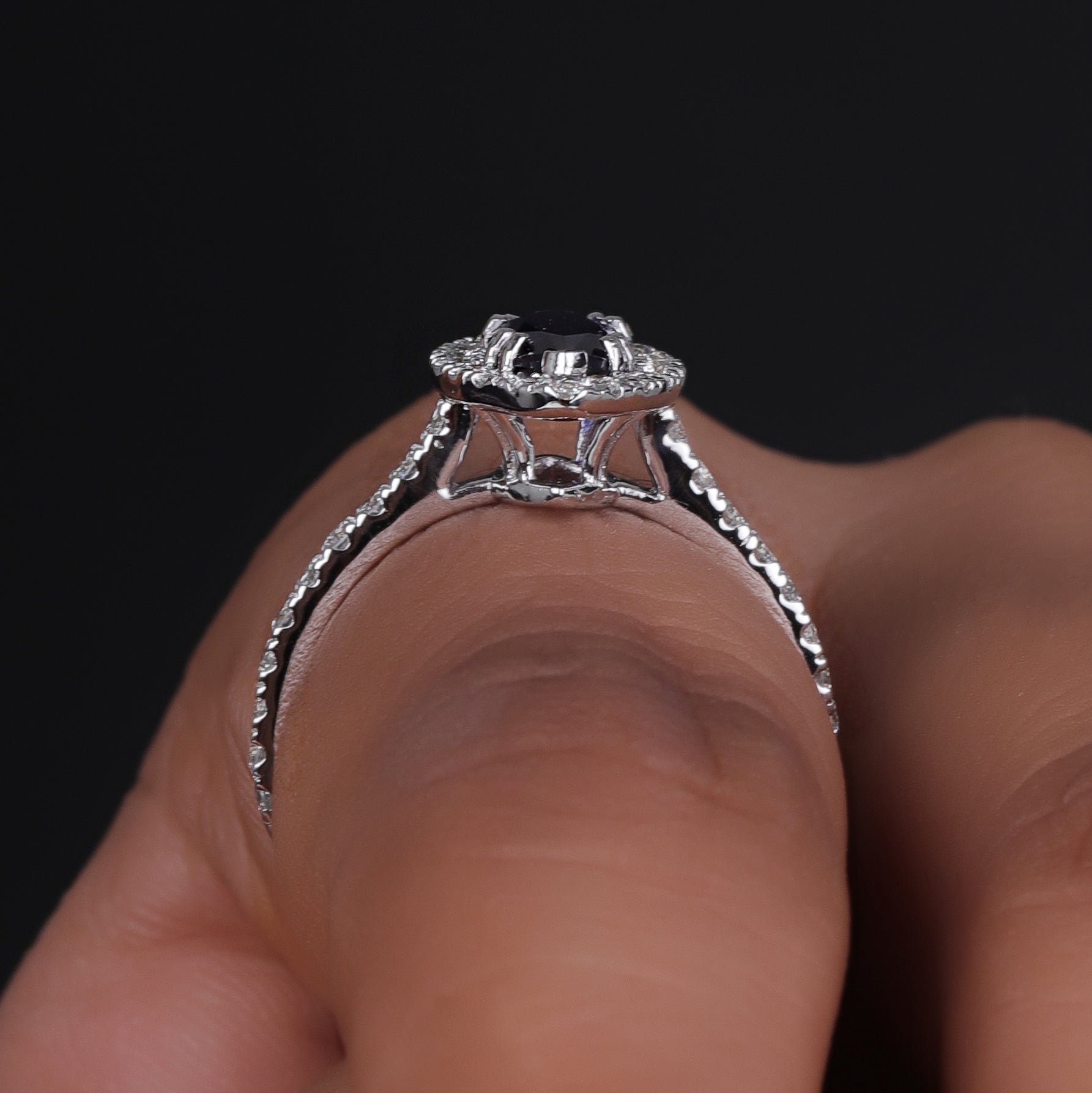 14K White Gold Halo Marquise Blue Sapphire Engagement Promise Statement Ring.
