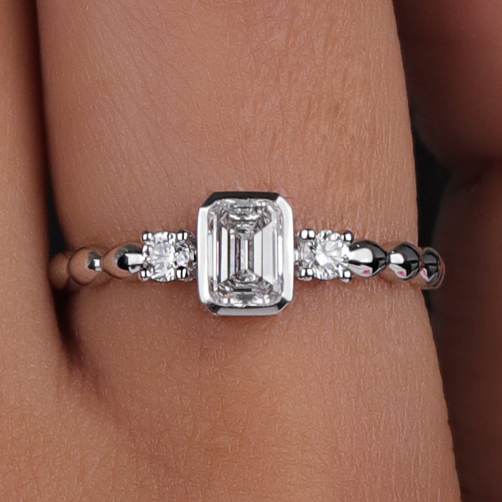 Emerald Cut Lab Grown Diamond Halo Solitaire Engagement Ring