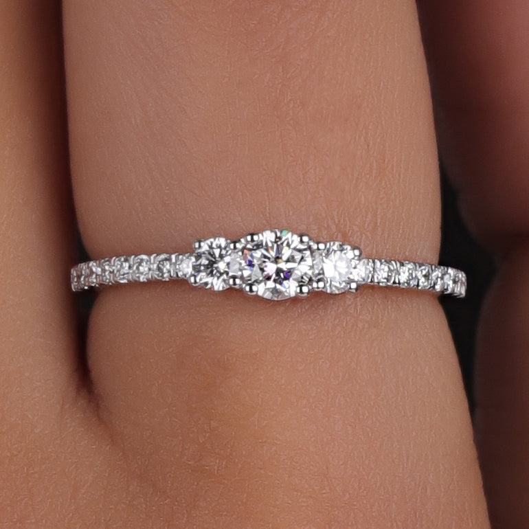 3 Stone Round Cut Lab Grown Diamond Pave Set Engagement Ring