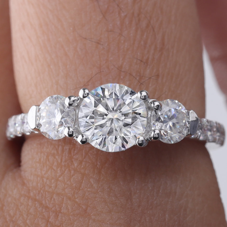 14K Gold Round Cut Three Stone with Pave Shank Engagement Ring