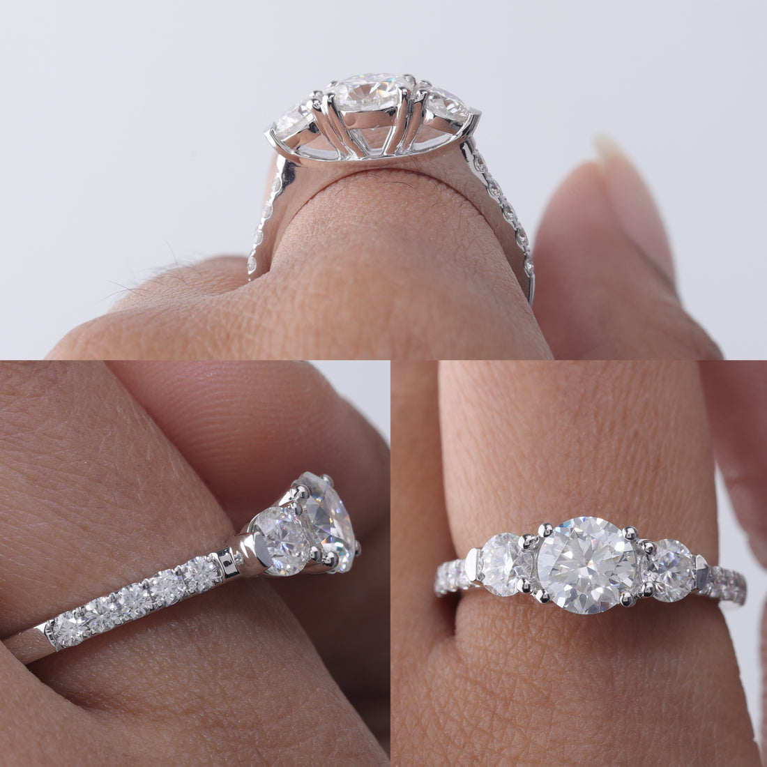 Round Cut Engagement Ring, 1.85 CT. 14k Gold Three Stone with Pave Shank Round Lab Grown Diamond Engagement Ring