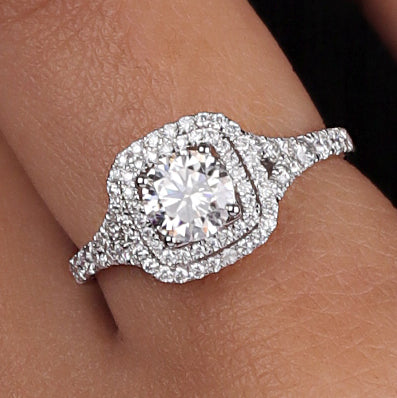 14K Gold Cushion Cut Solitaire Double Halo Engagement Ring