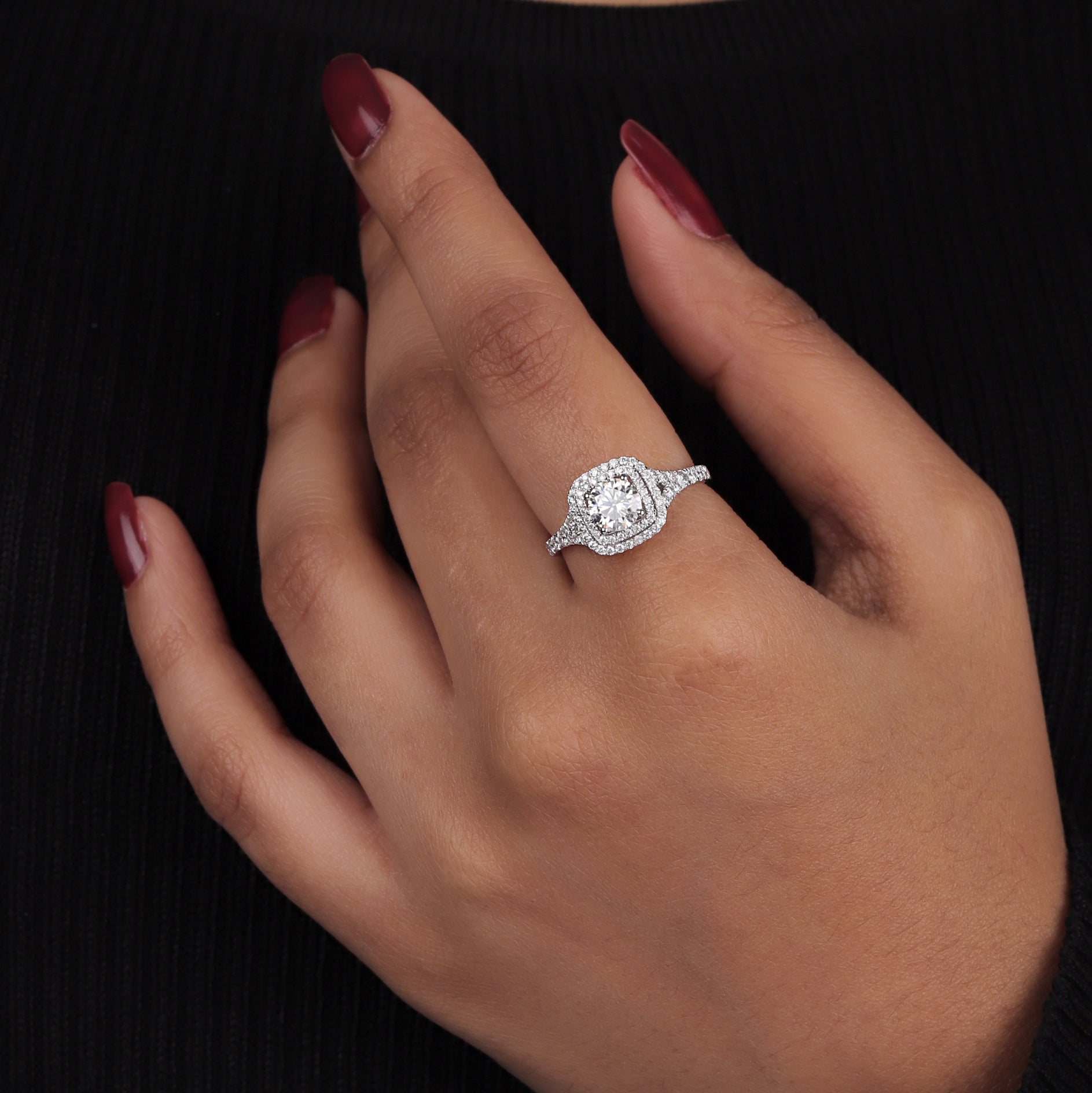14K Gold Cushion Cut Solitaire Double Halo Engagement Ring