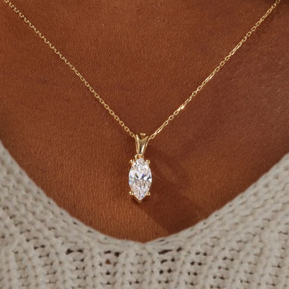 14K Marquise Cut Solitaire Pendant Necklace | Marquise Cut Lab Diamond Necklaces for Women