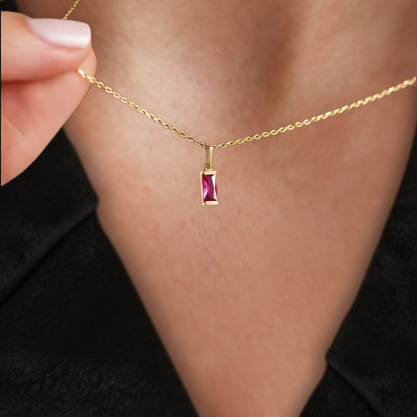 Ruby Baguette Necklace, Solid Gold Ruby Pendant