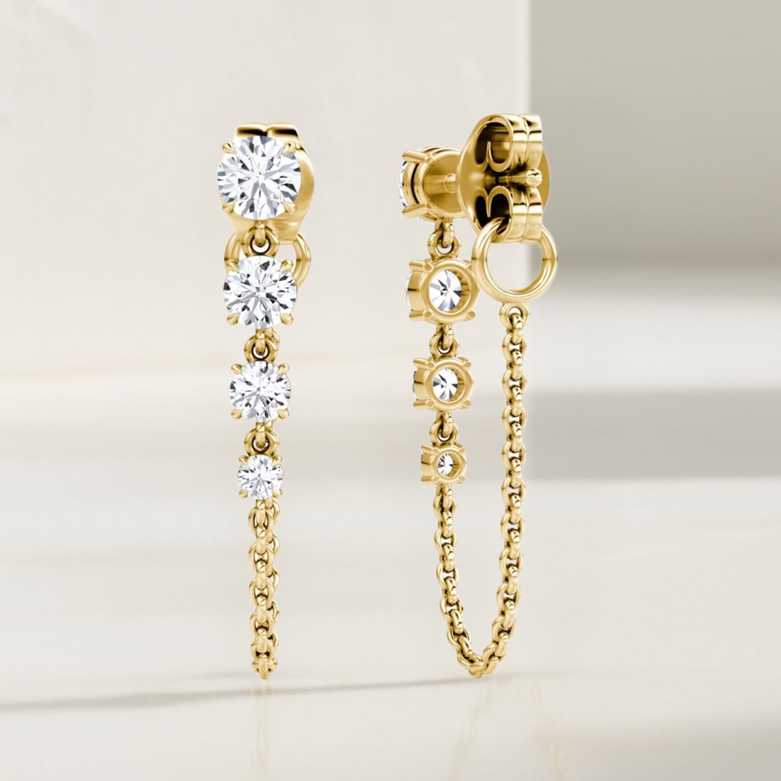14k Gold Prong Setting Diamond Studs Chain Earrings / Dangle Earring