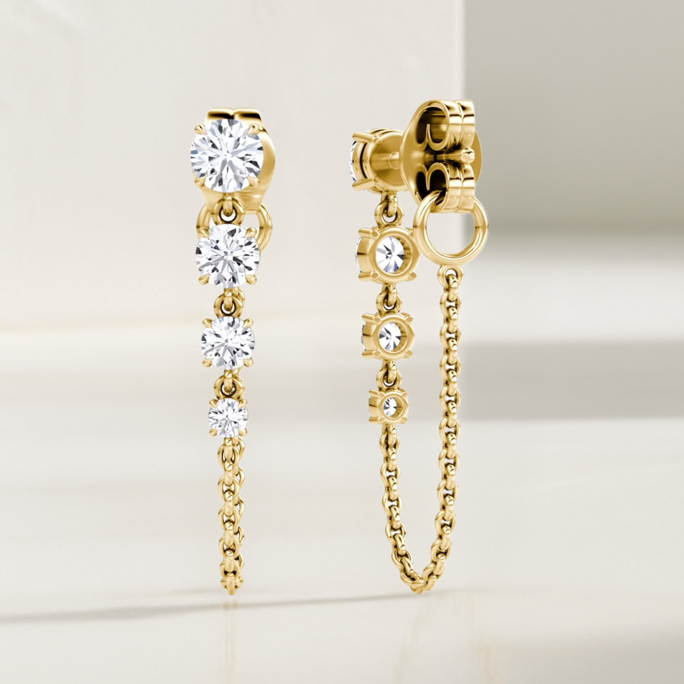 14k Gold Prong Setting Diamond Studs Chain Earrings