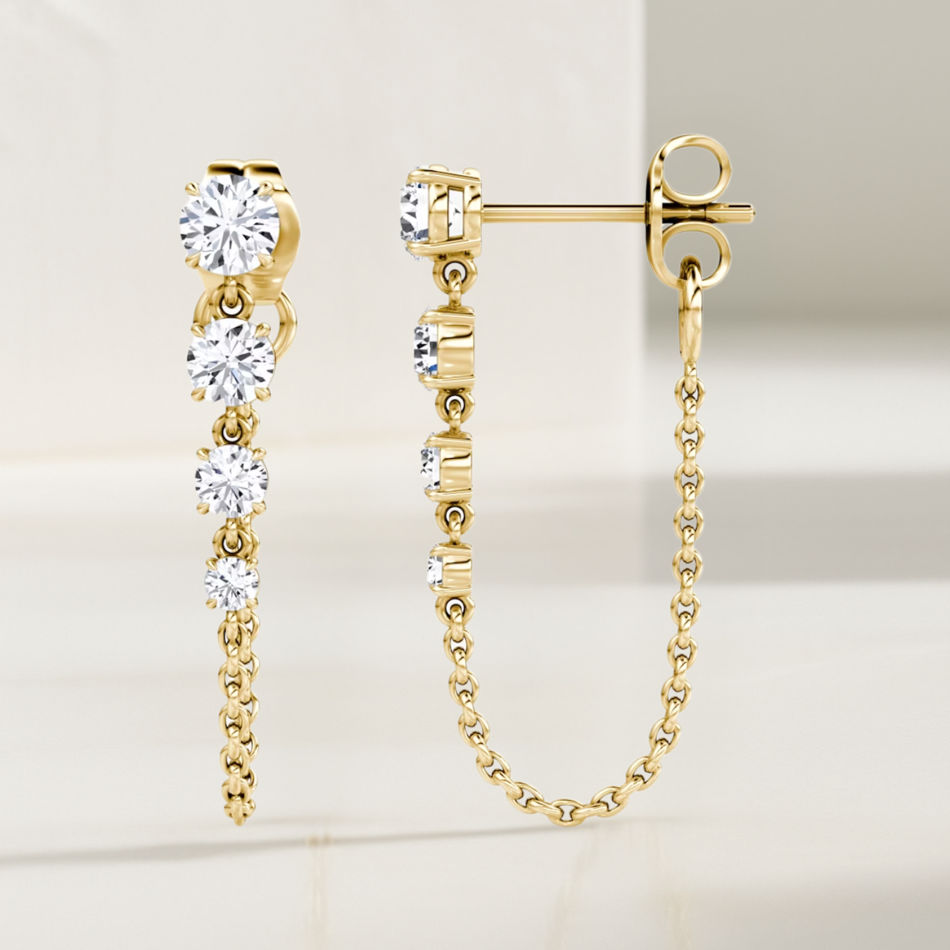 14k Gold Prong Setting Diamond Studs Chain Earrings