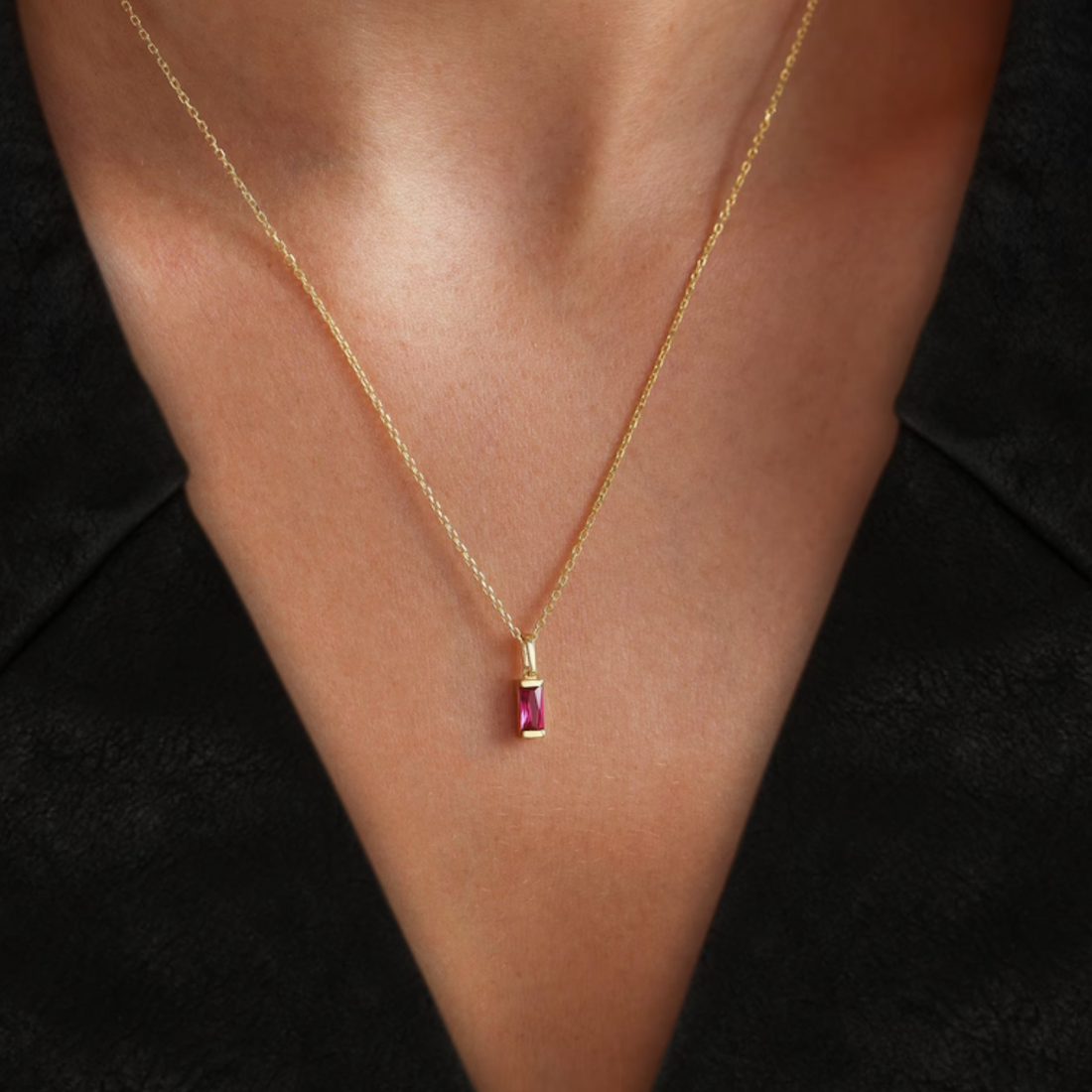14k Ruby Baguette Necklace, Solid Gold Ruby Pendant, Dainty Ruby Necklace