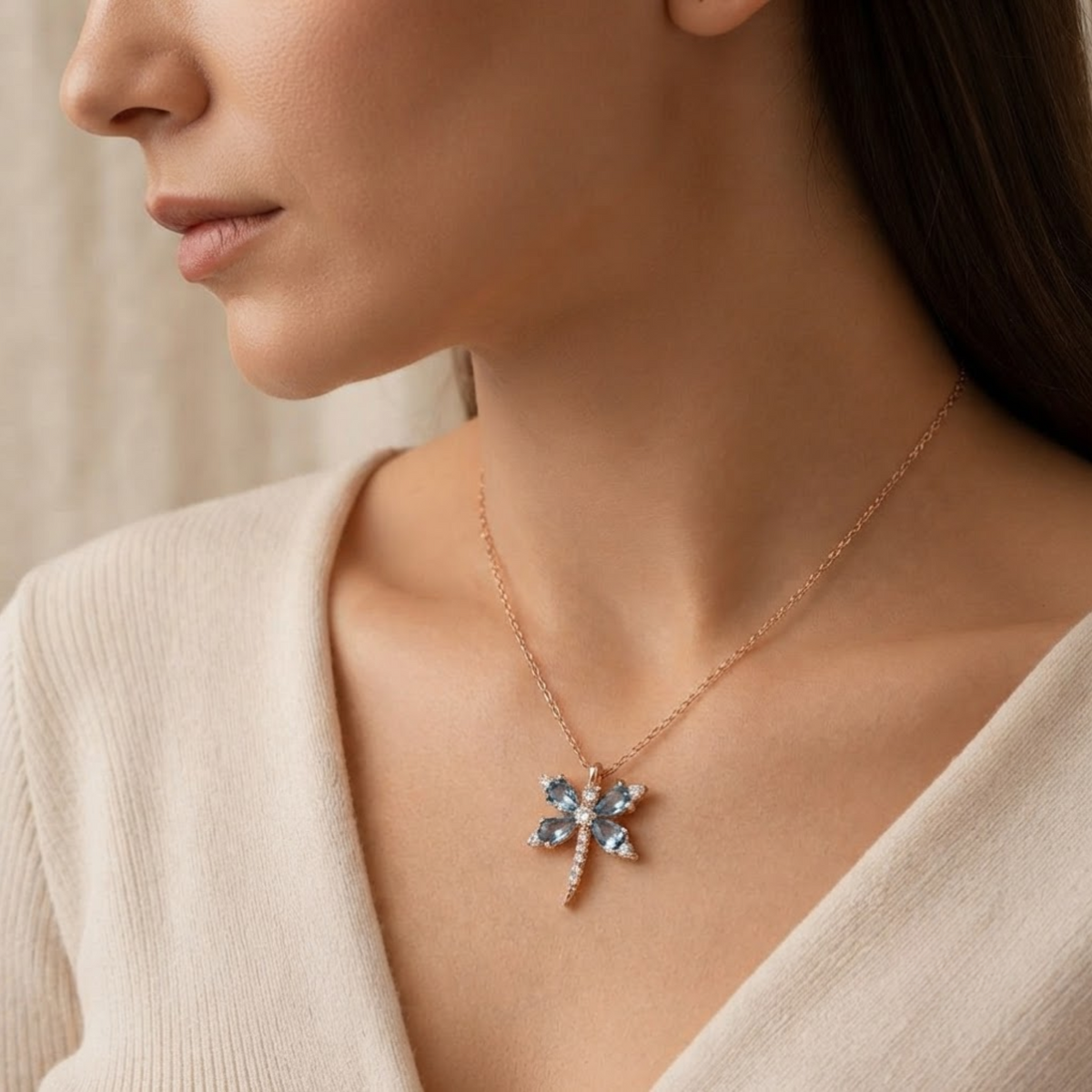 Blue Gemstone Dragonfly Diamond Necklace