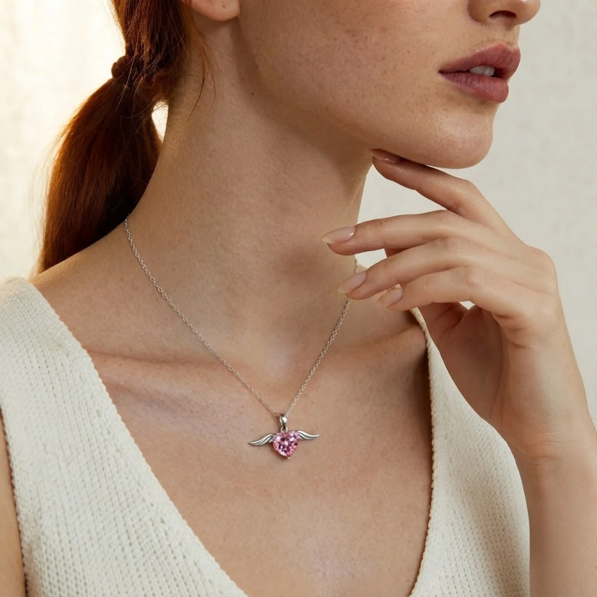 Pink Heart Angel Wing Necklace