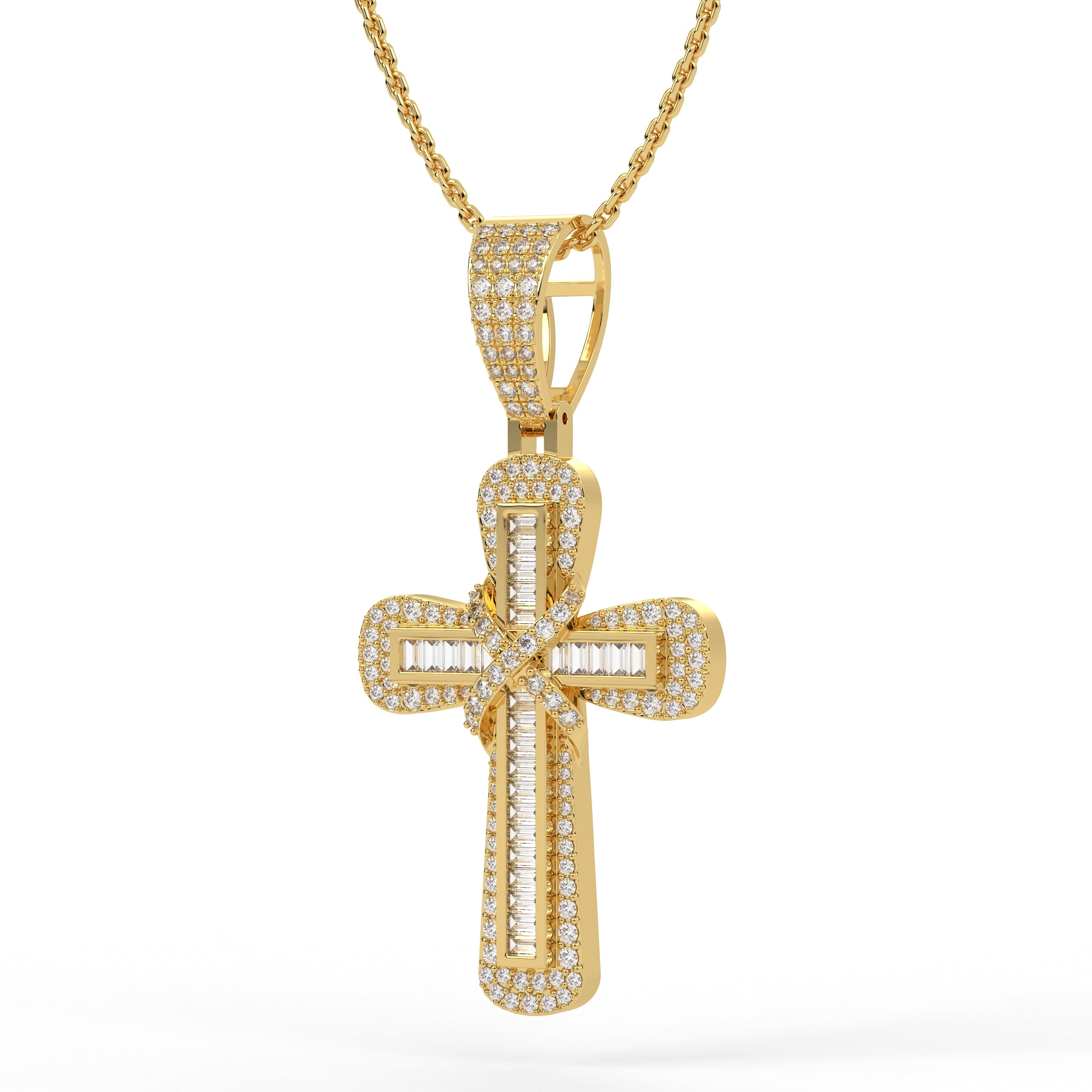 Lab Created Diamond Cross Pendant / Iced Out Baguette Round Cut Illusion Set Necklace,14k Solid Gold