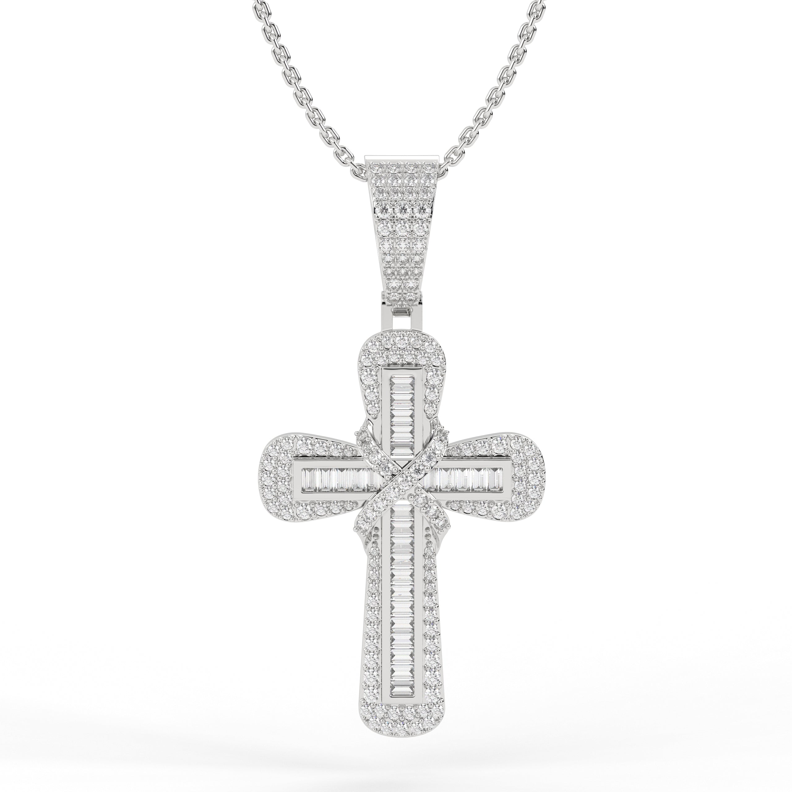Lab Created Diamond Cross Pendant / Iced Out Baguette Round Cut Illusion Set Necklace,14k Solid Gold