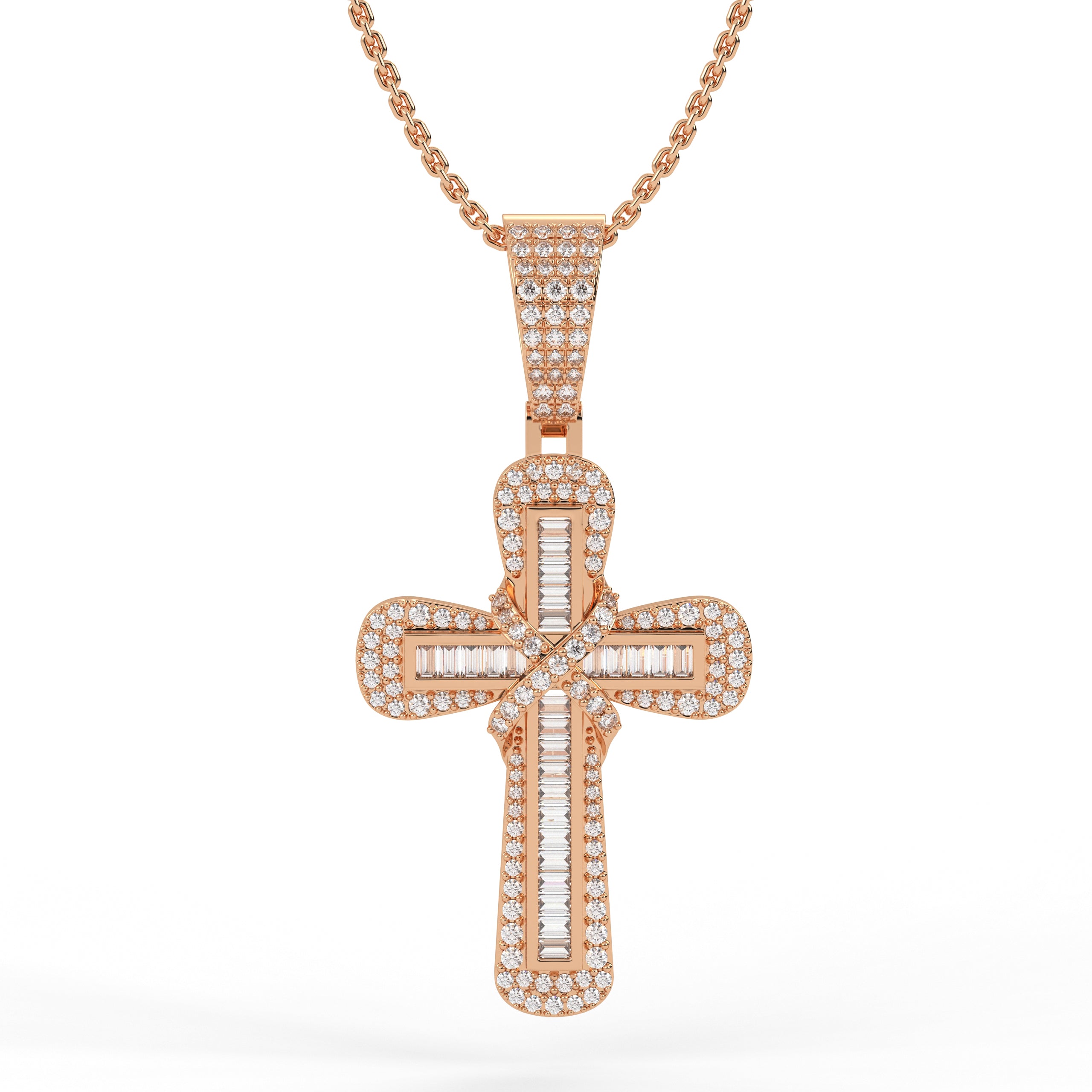 Lab Created Diamond Cross Pendant / Iced Out Baguette Round Cut Illusion Set Necklace,14k Solid Gold