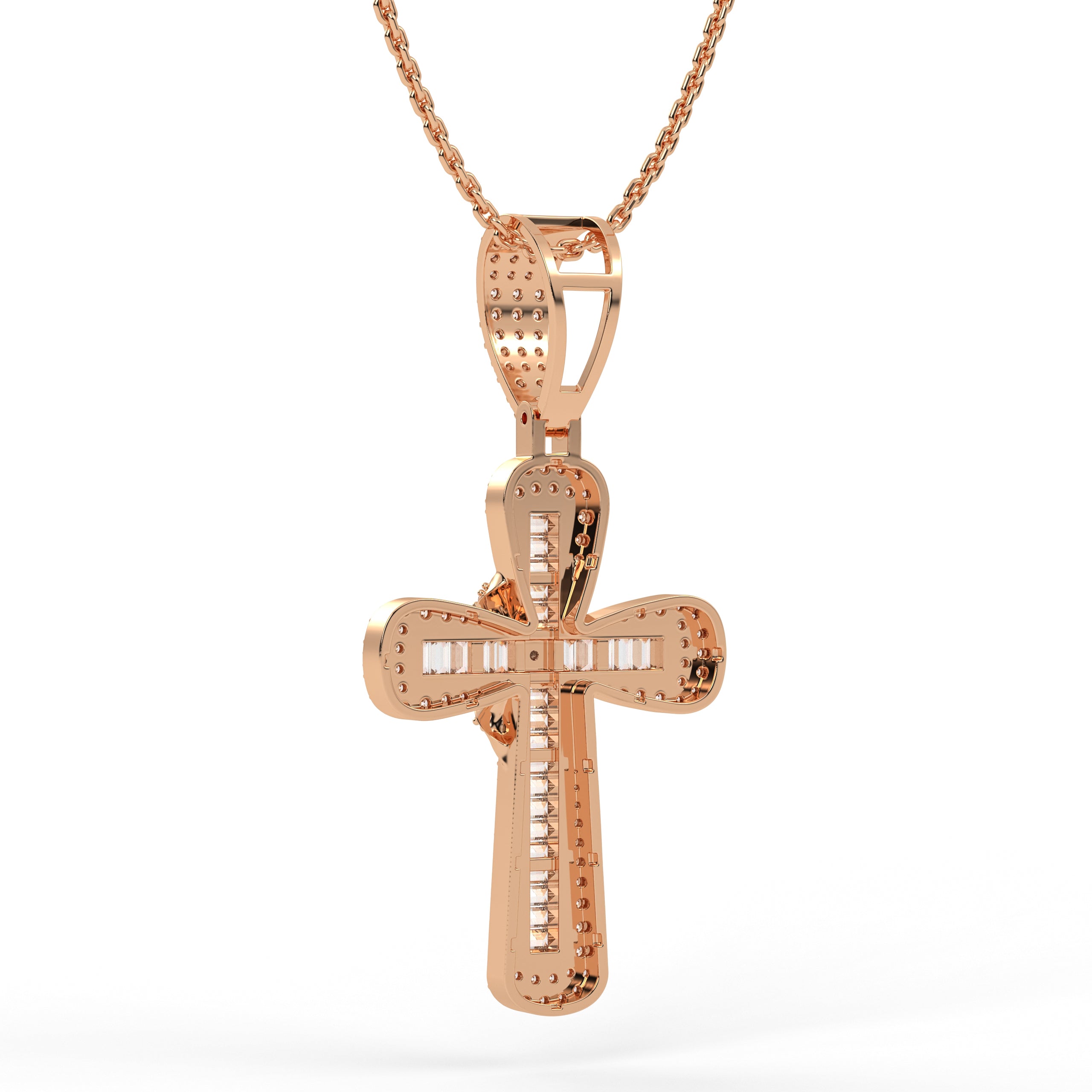 Lab Created Diamond Cross Pendant / Iced Out Baguette Round Cut Illusion Set Necklace,14k Solid Gold