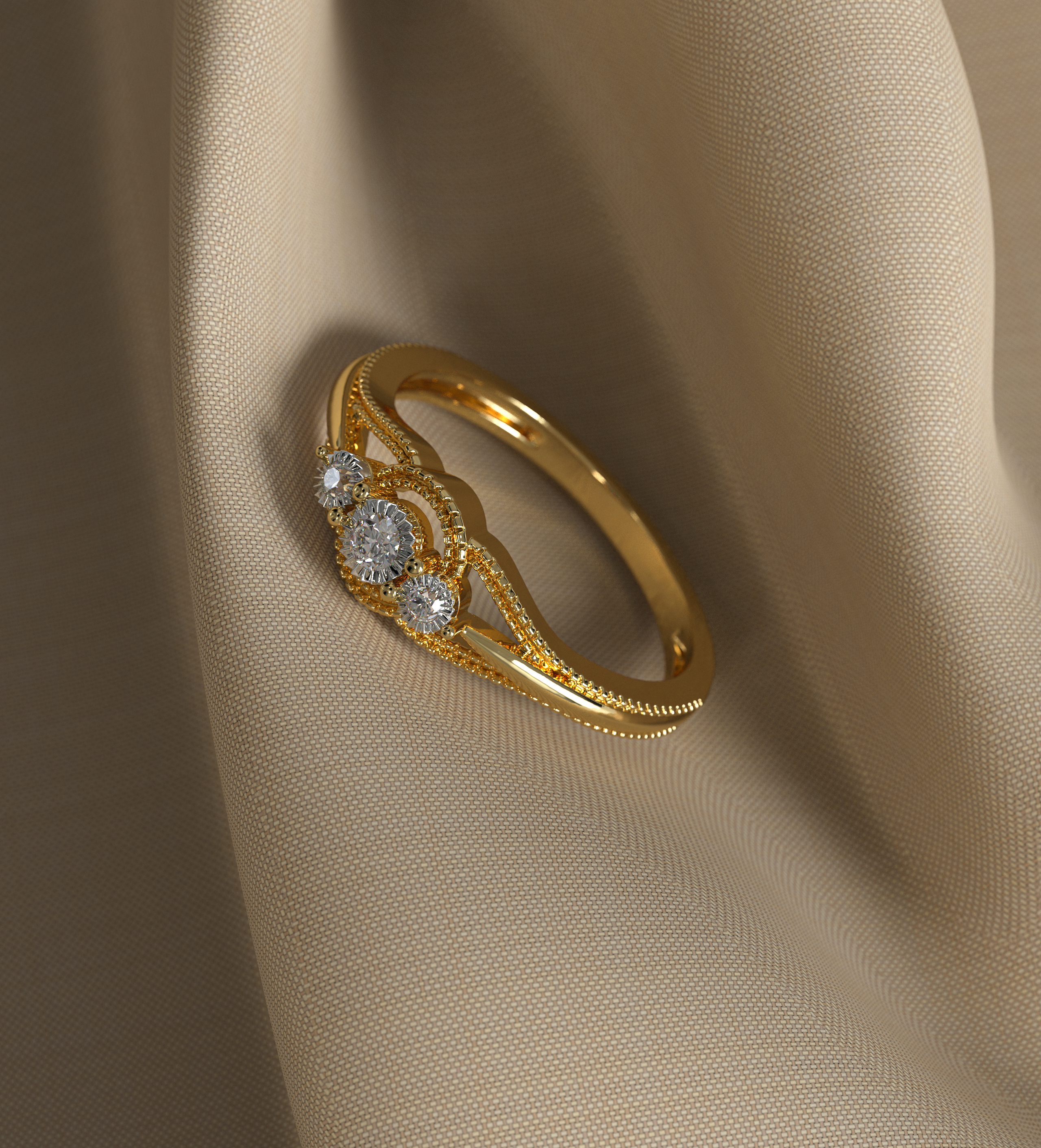 14K Gold Minimalist Diamond Round Cut Three Stone Engagement Ring