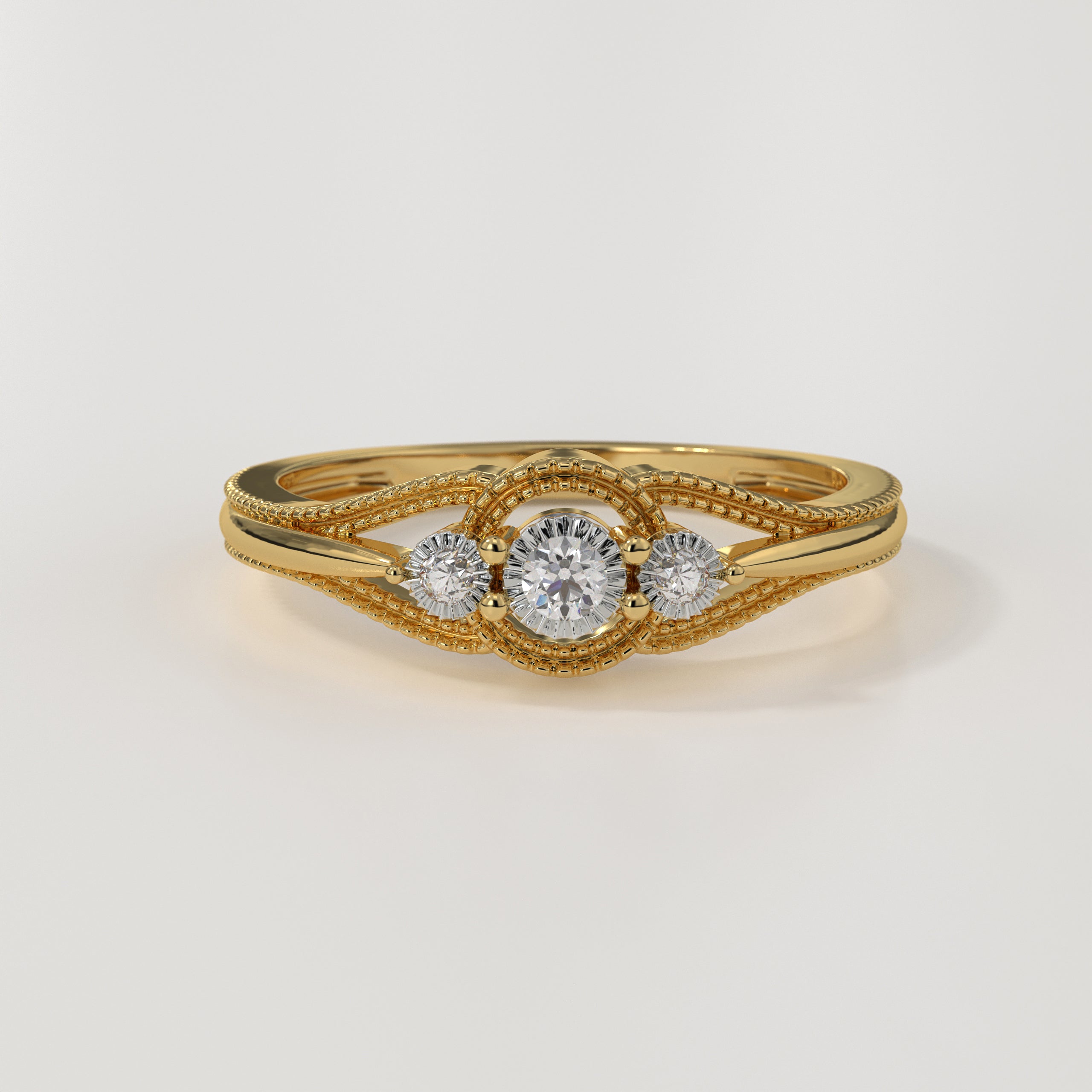 14K Gold Minimalist Diamond Round Cut Three Stone Engagement Ring