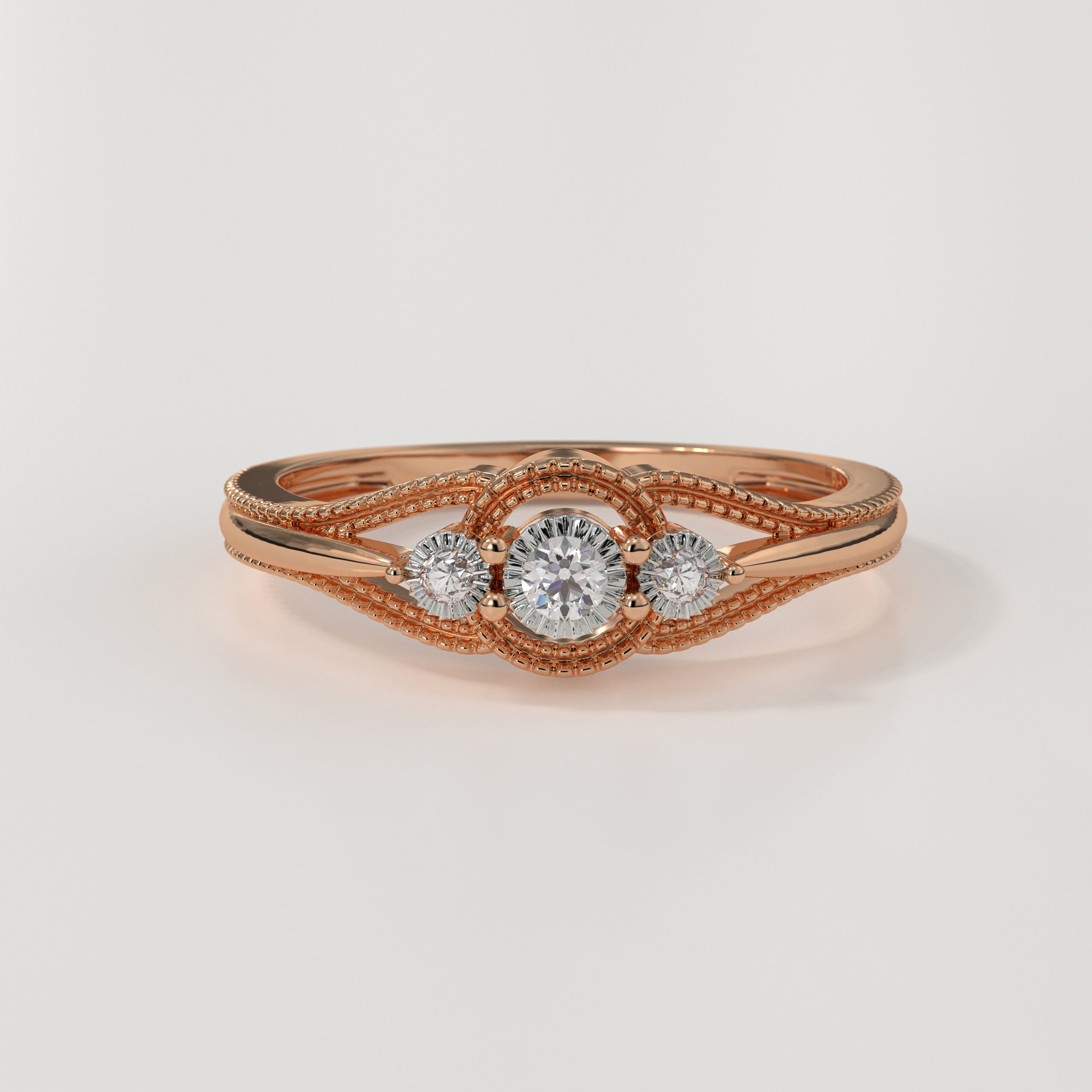 14K Gold Minimalist Diamond Round Cut Three Stone Engagement Ring