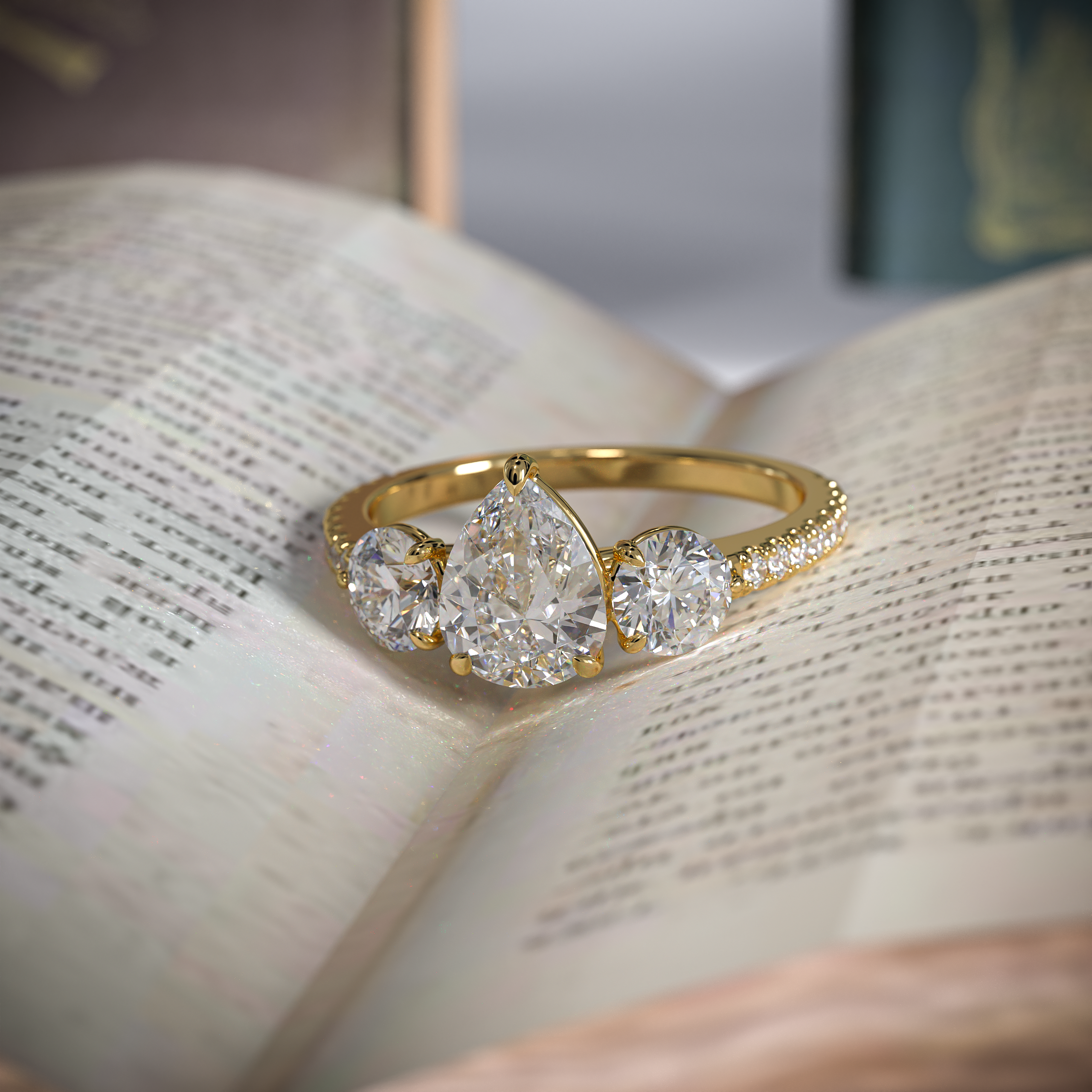 14K Gold Pear Shaped Three Stone Solitaire Engagement Ring