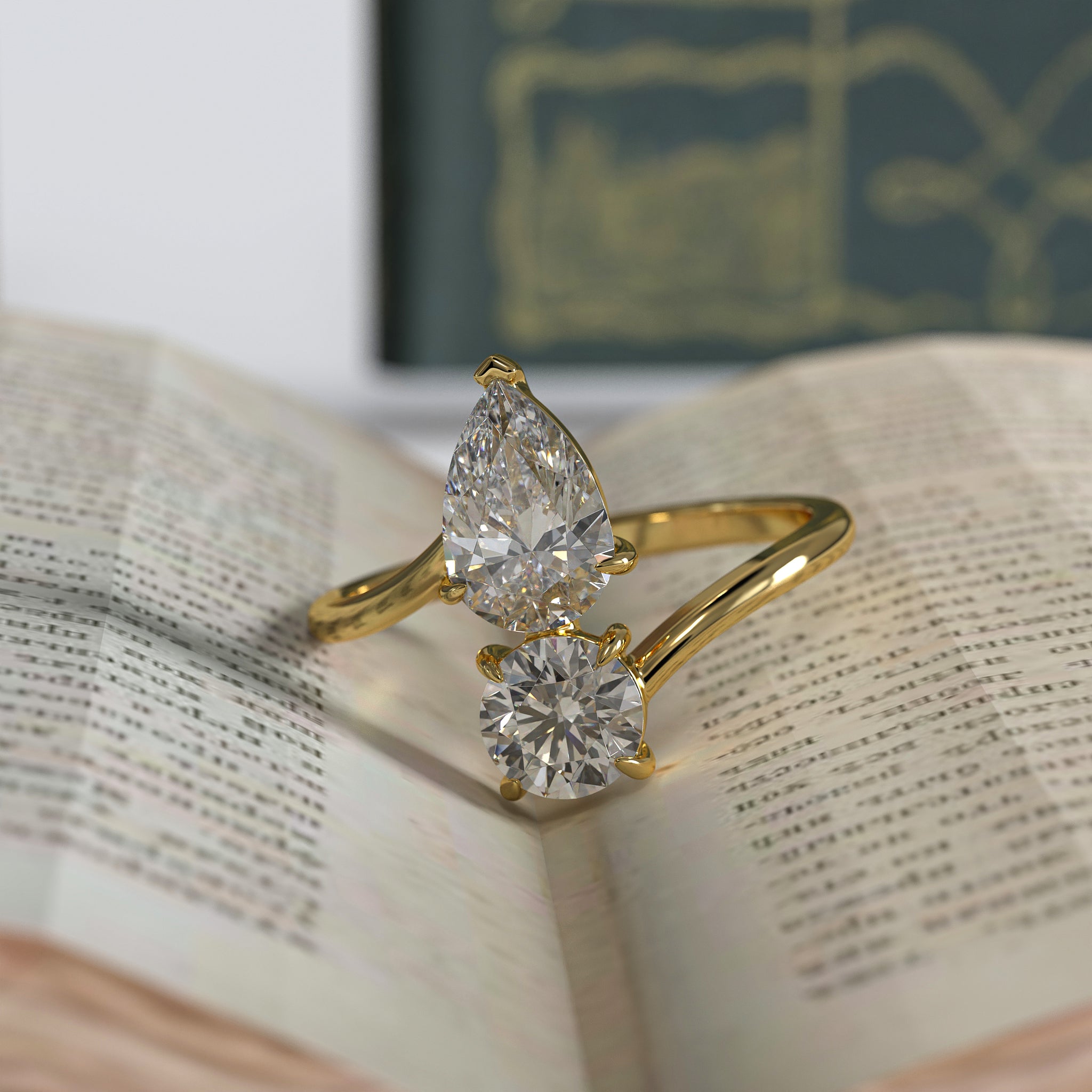 Toi Et Moi Engagement Ring, 14K Gold  Pear & Round Cut Lab Grown Diamond Anniversary Gift Ring