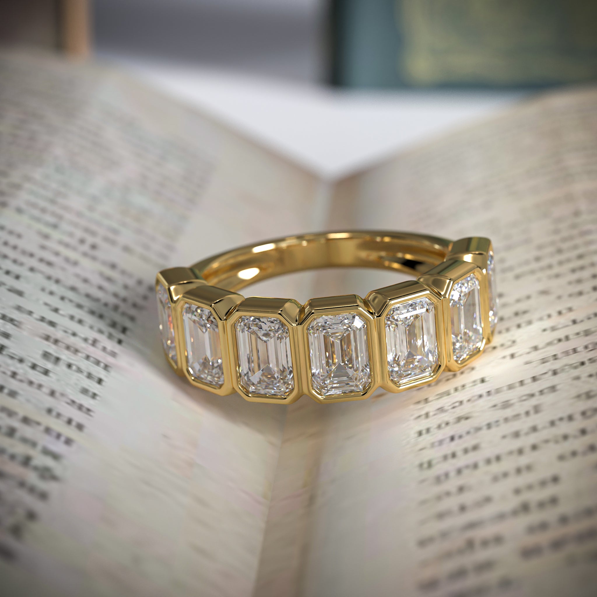 Half Eternity Wedding Band 14k Gold Bezel Setting Seven Stone Emerald Cut Lab Grown Diamond Wedding Ring