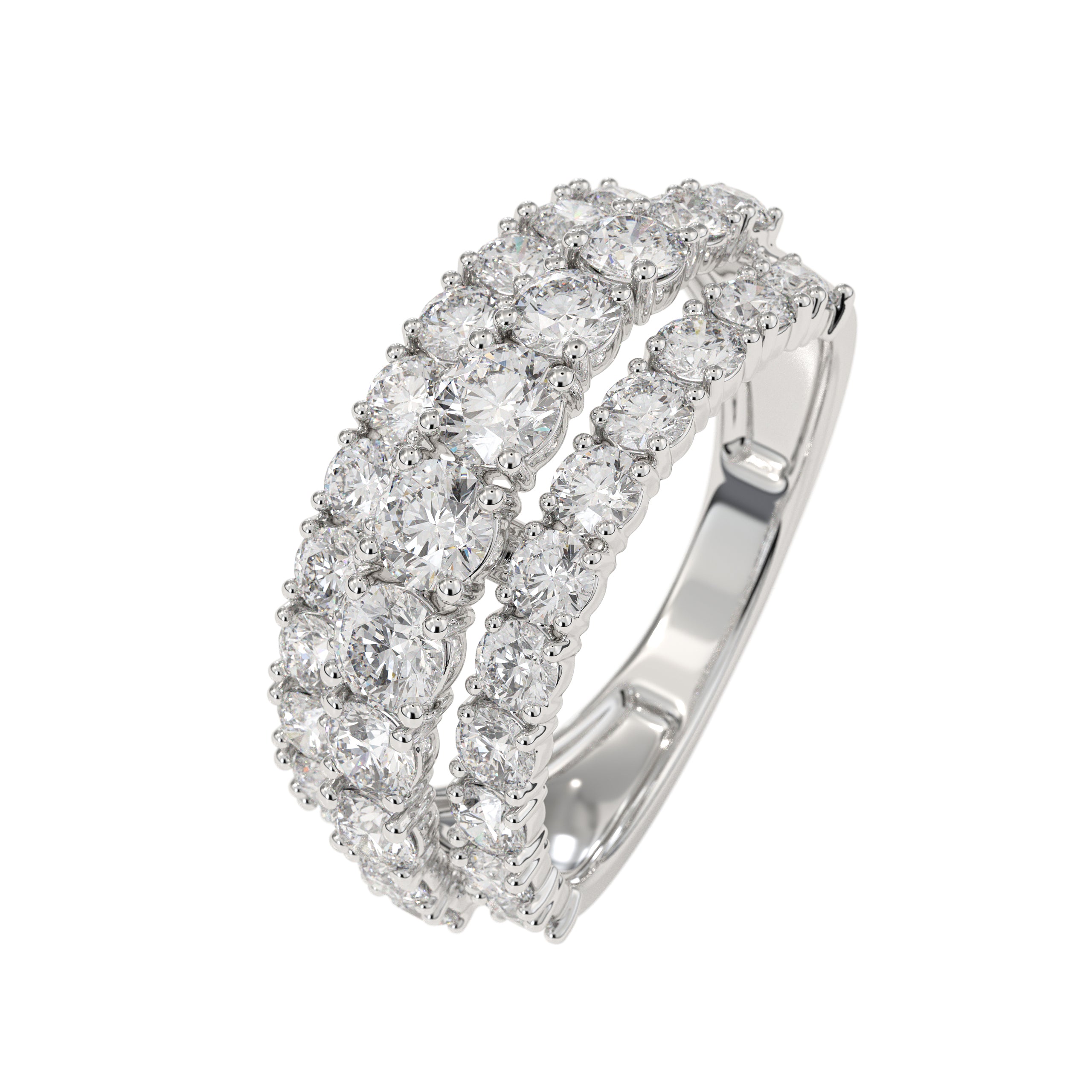 14K Gold White Half Eternity Three Row Wide Wedding Band