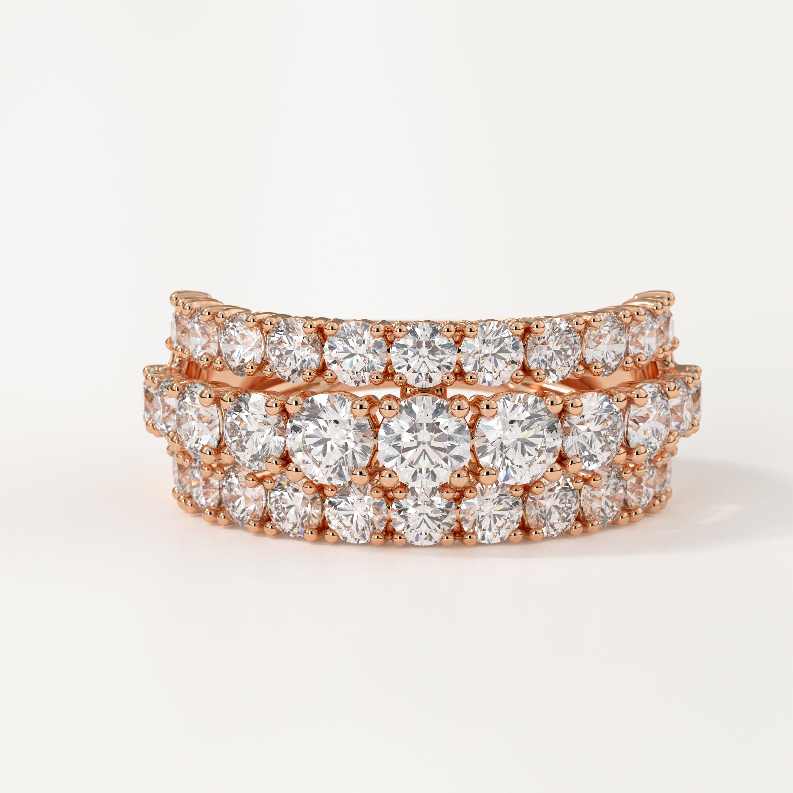 14K Gold White Half Eternity Three Row Wide Wedding Band