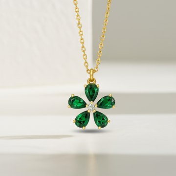 1.00 CT Flower Emerald Necklace with Diamond in 14K Solid Gold