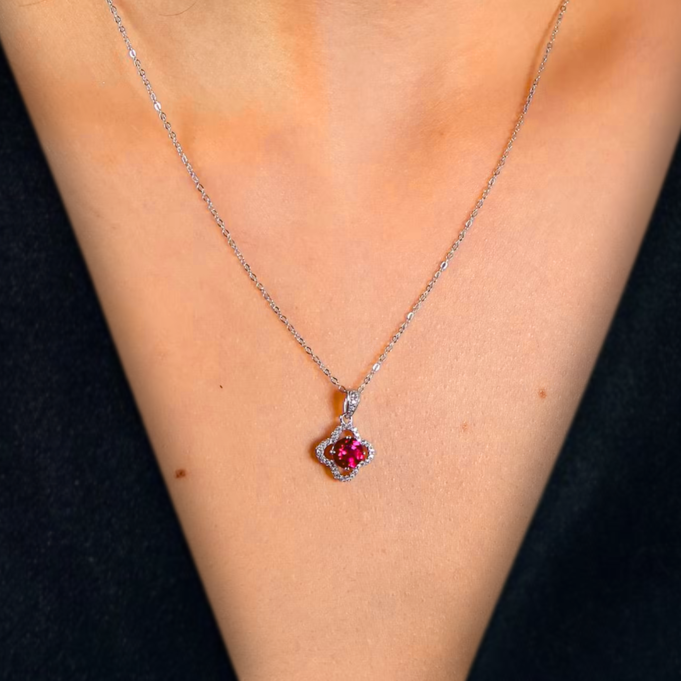 14K Genuine Ruby Clover Silver Necklace Ruby Red Stone Jewelry