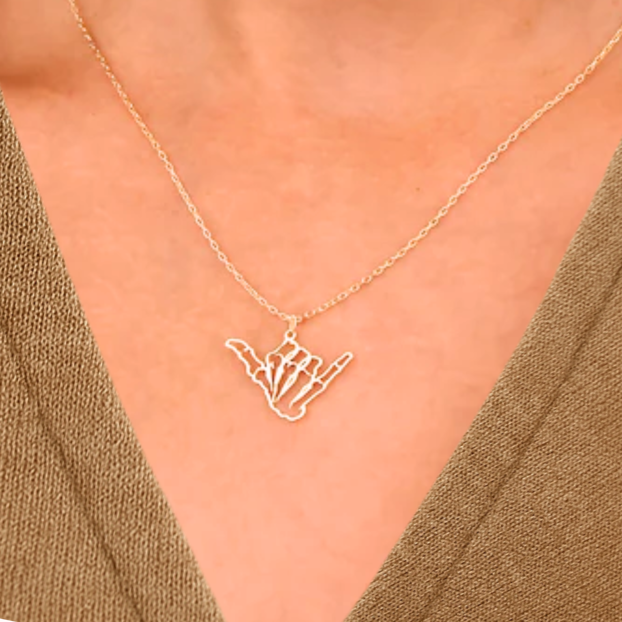 14K Gold Skeleton Necklace, Hand Signs, Hand Pendant, Men Women Jewelry