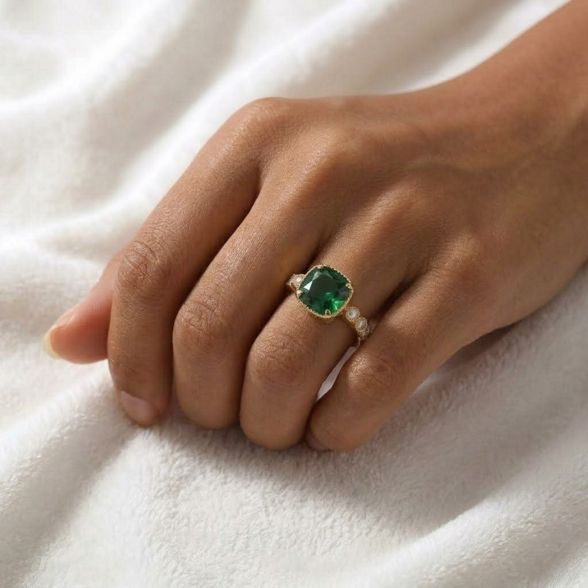 Cushion Cut Emerald Ring with Diamond Accents, 14K Solid Gold Engagement Ring