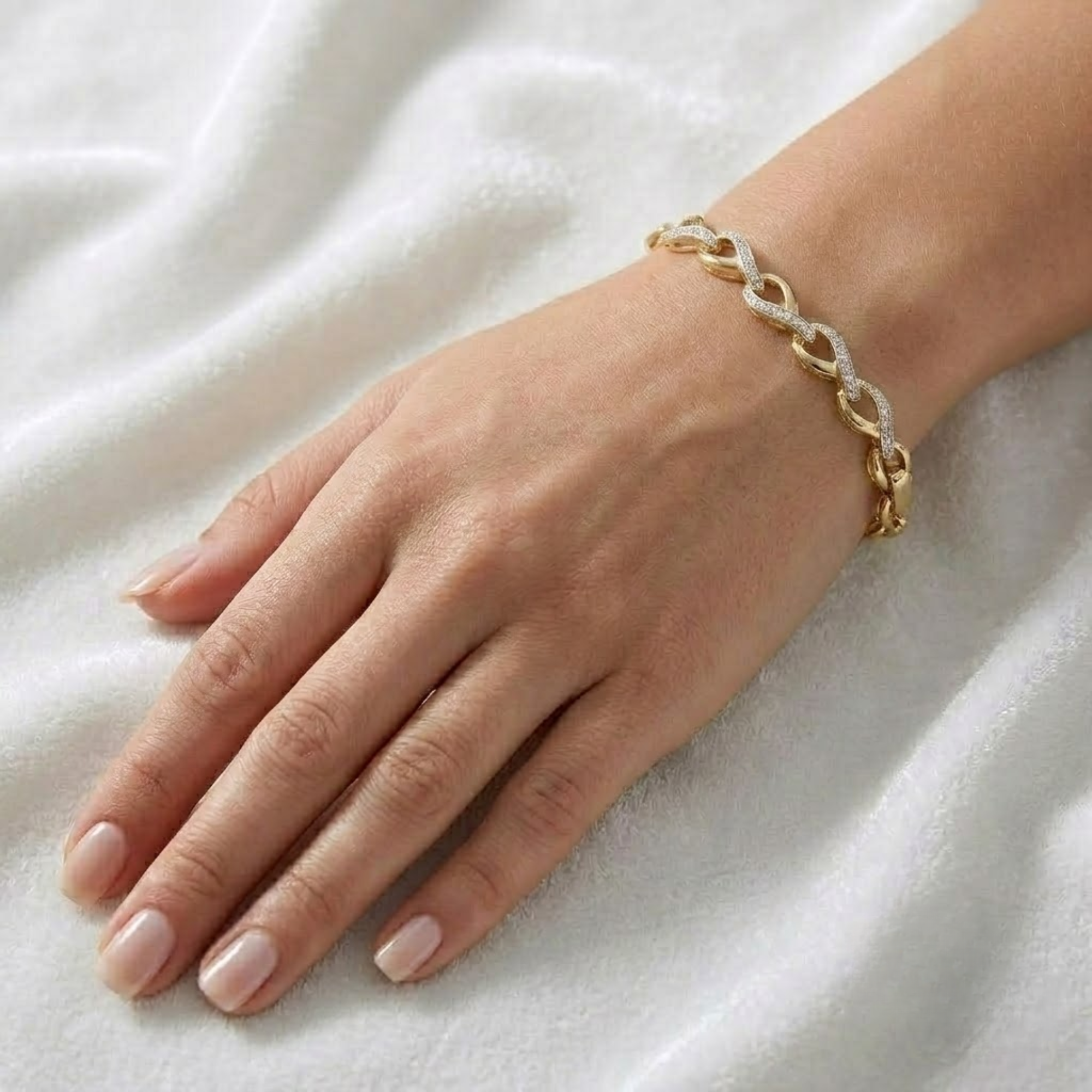 Diamond Infinity Link Bracelet, 14K Solid Gold Chain Bracelet with Pave Diamonds