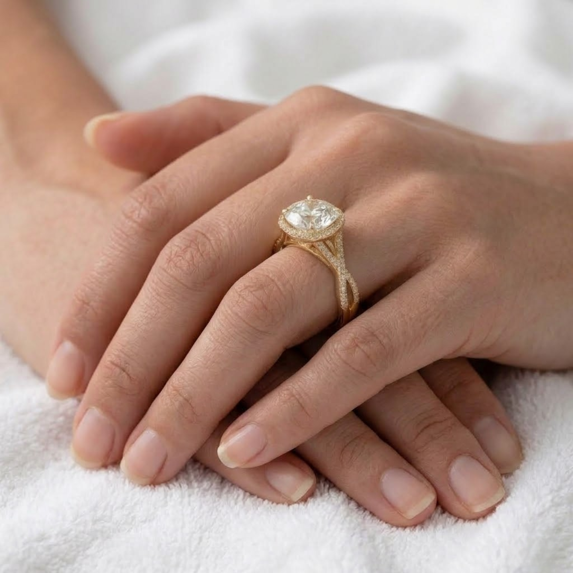 Round Diamond Halo Engagement Ring, Infinity Twist Ring in 14K Solid Gold