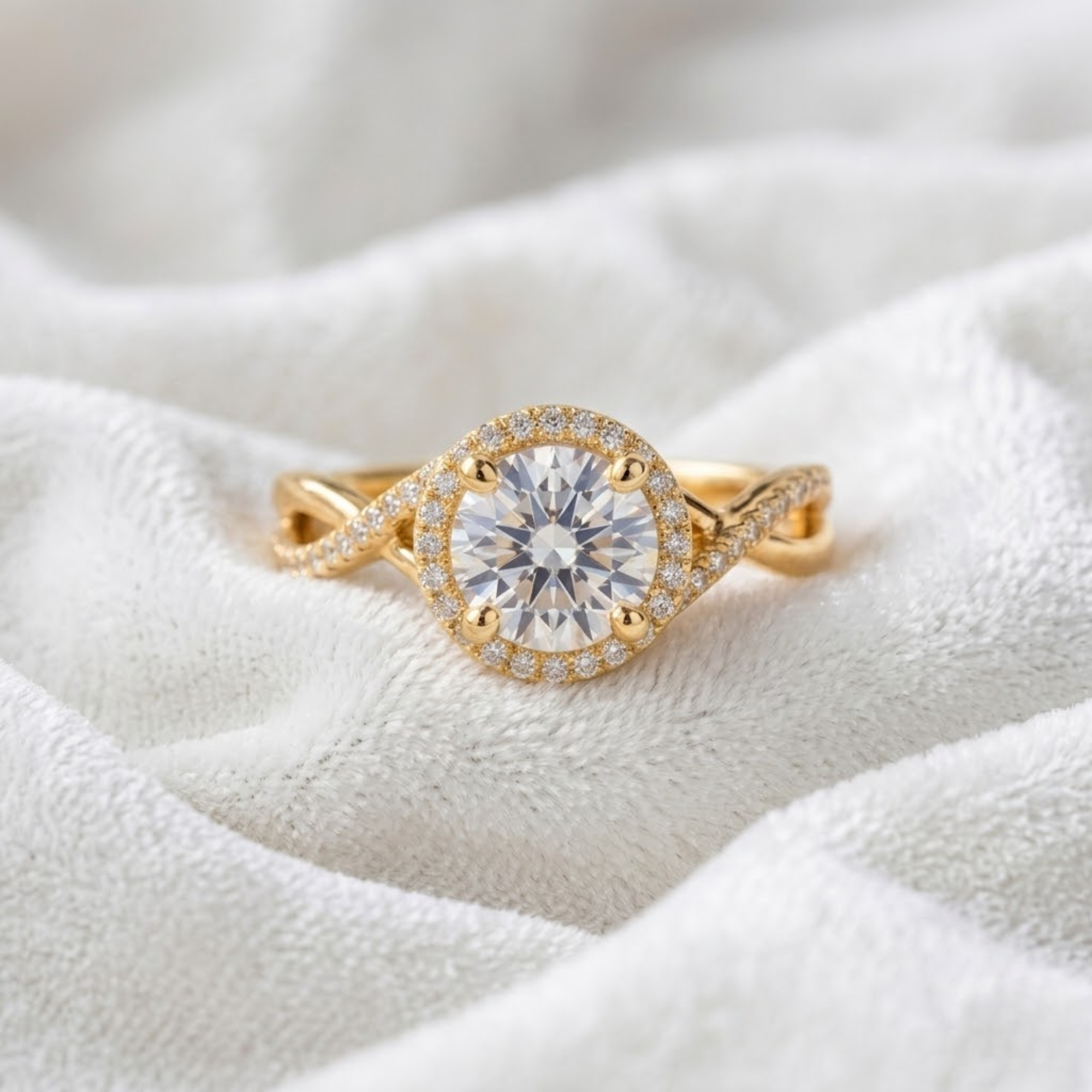 Round Diamond Halo Engagement Ring, Infinity Twist Ring in 14K Solid Gold
