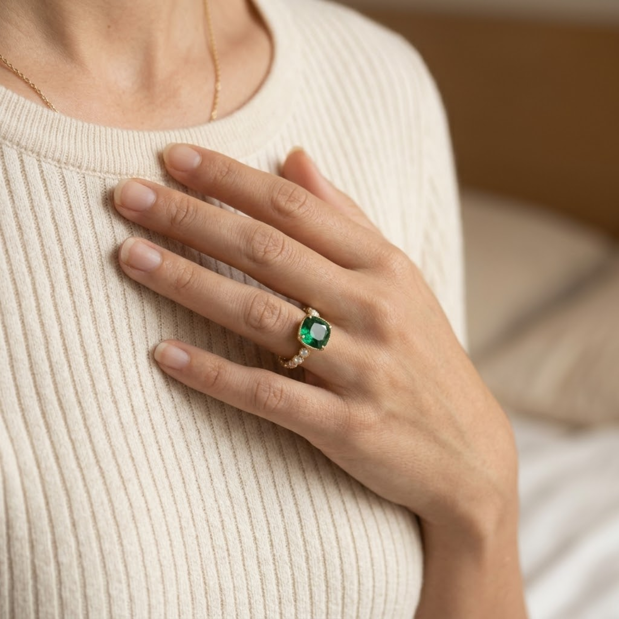 Cushion Cut Emerald Ring with Diamond Accents, 14K Solid Gold Engagement Ring