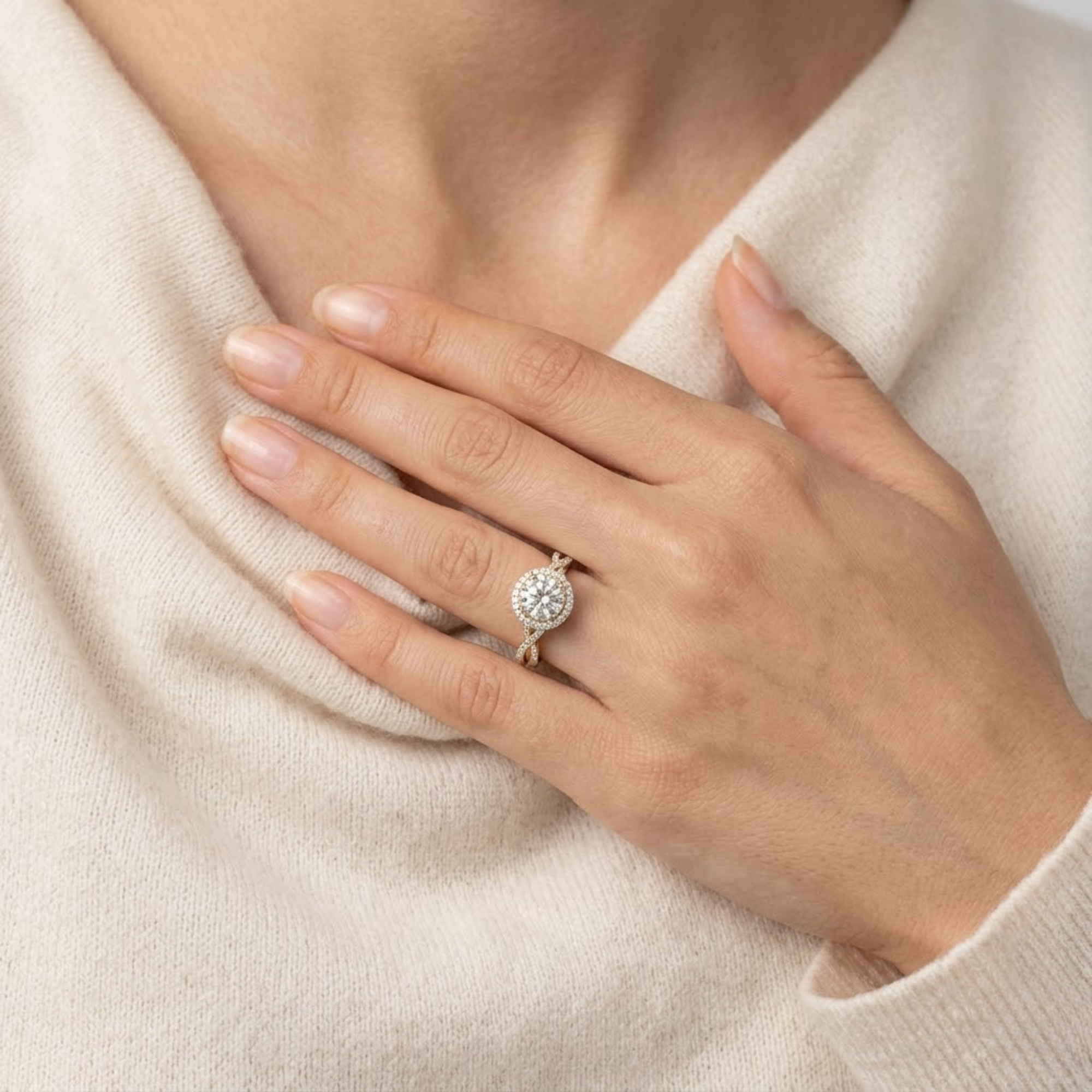 Round Cut Diamond Hidden Halo Twist Engagement Ring