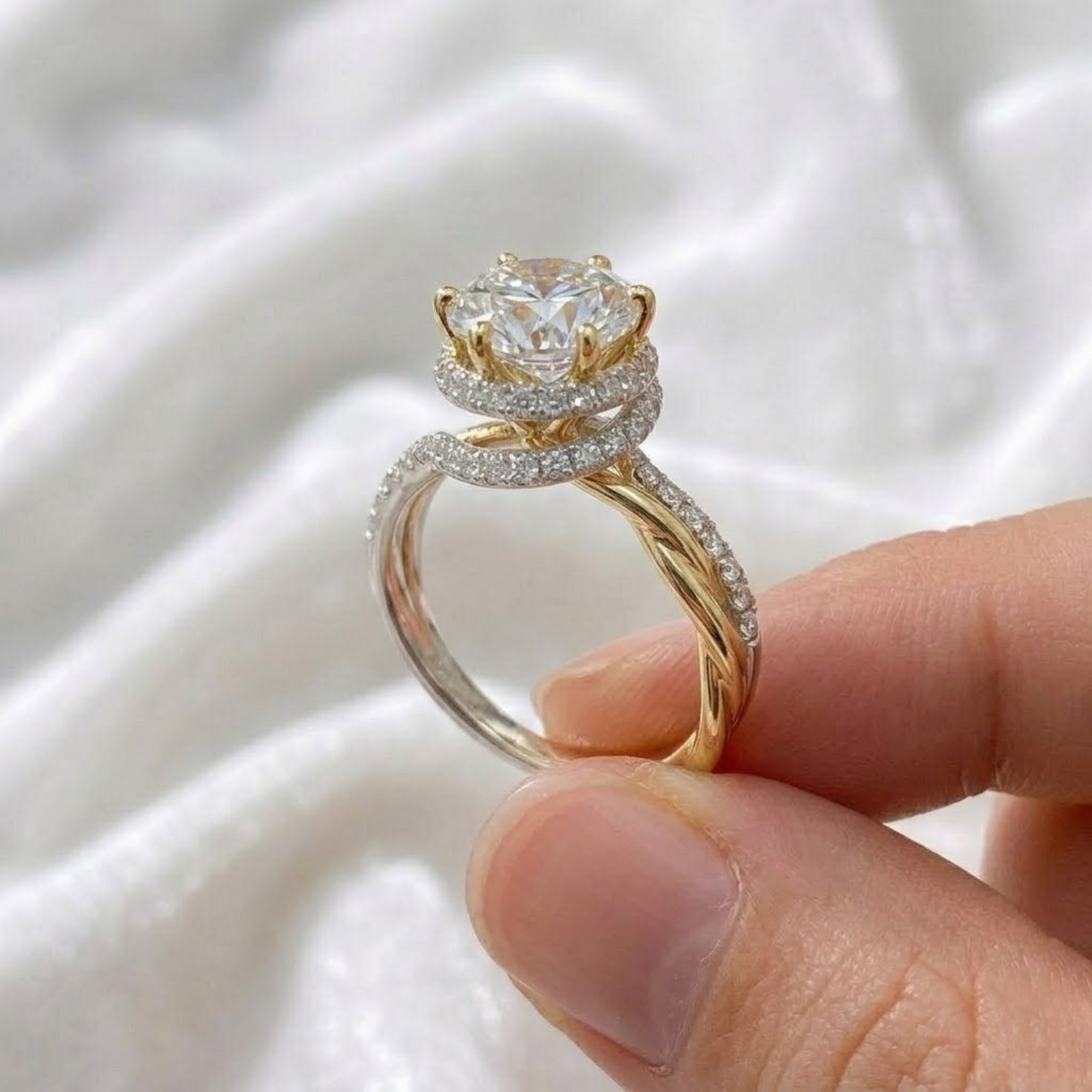 Round Cut Diamond Hidden Halo Twist Engagement Ring